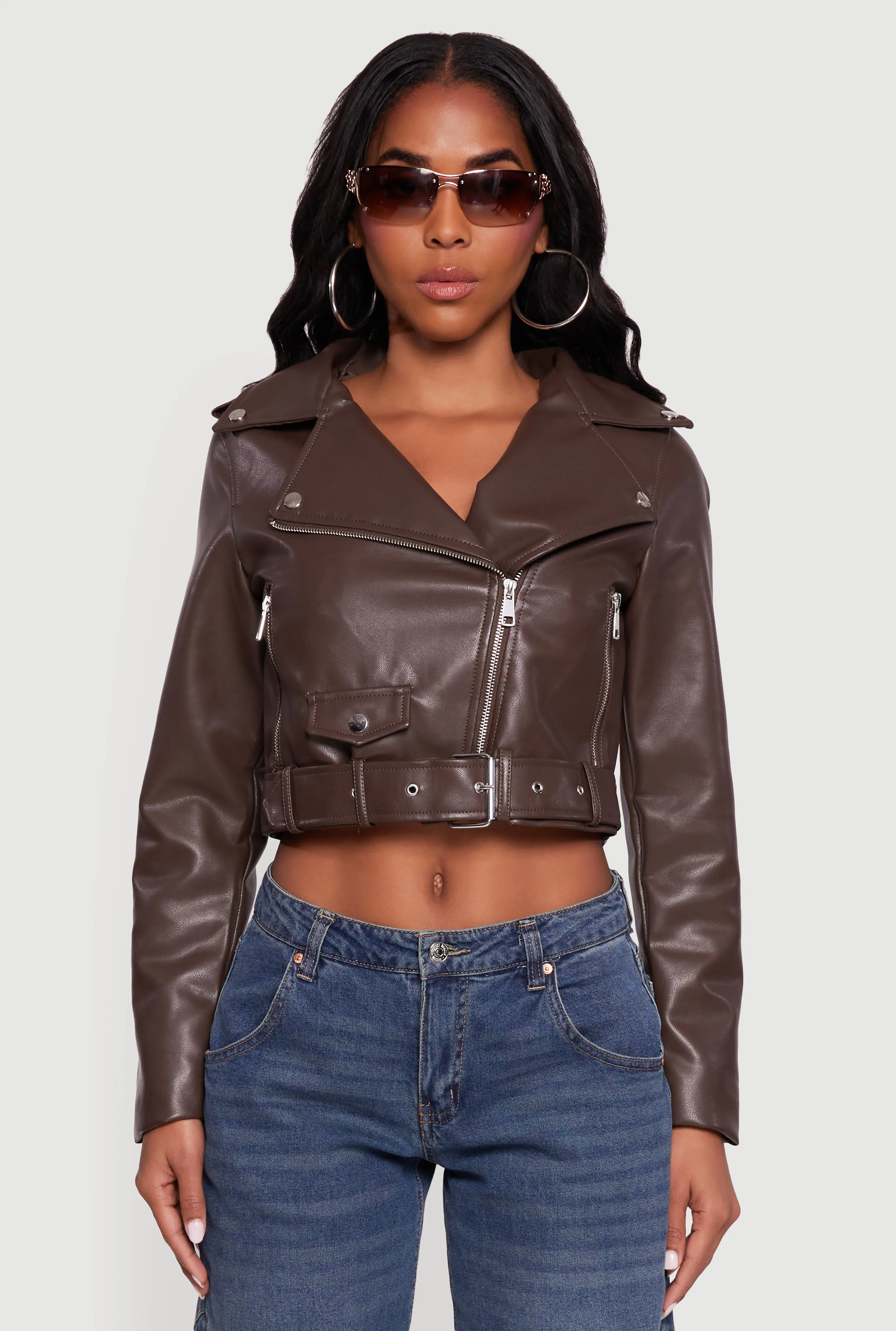 Cropped Faux Leather Belted Moto Jacket sold by Rainbow product image thumbnail 2