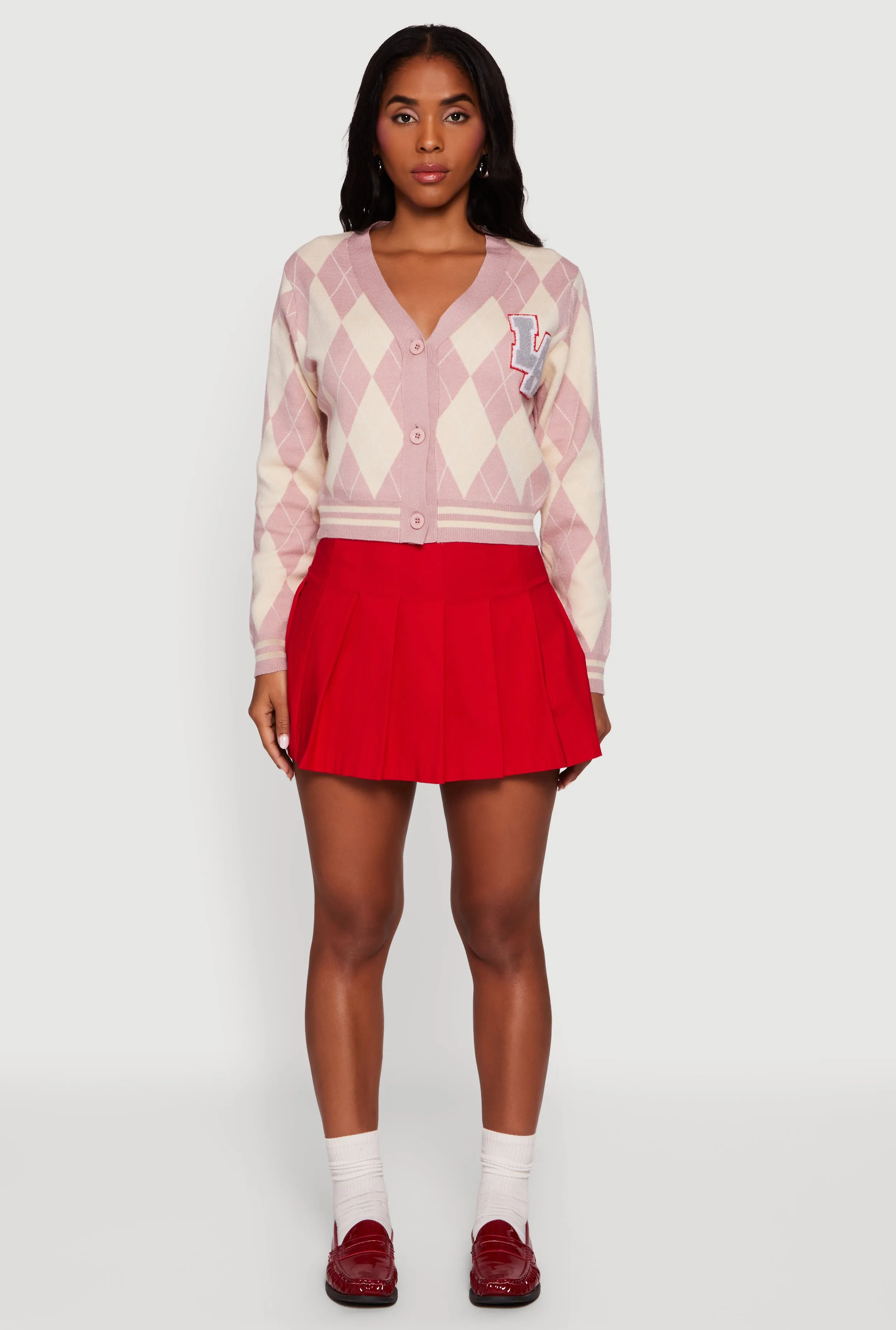 Destination Patch Graphic Argyle Plaid Button Front Cardigan sold by Rainbow