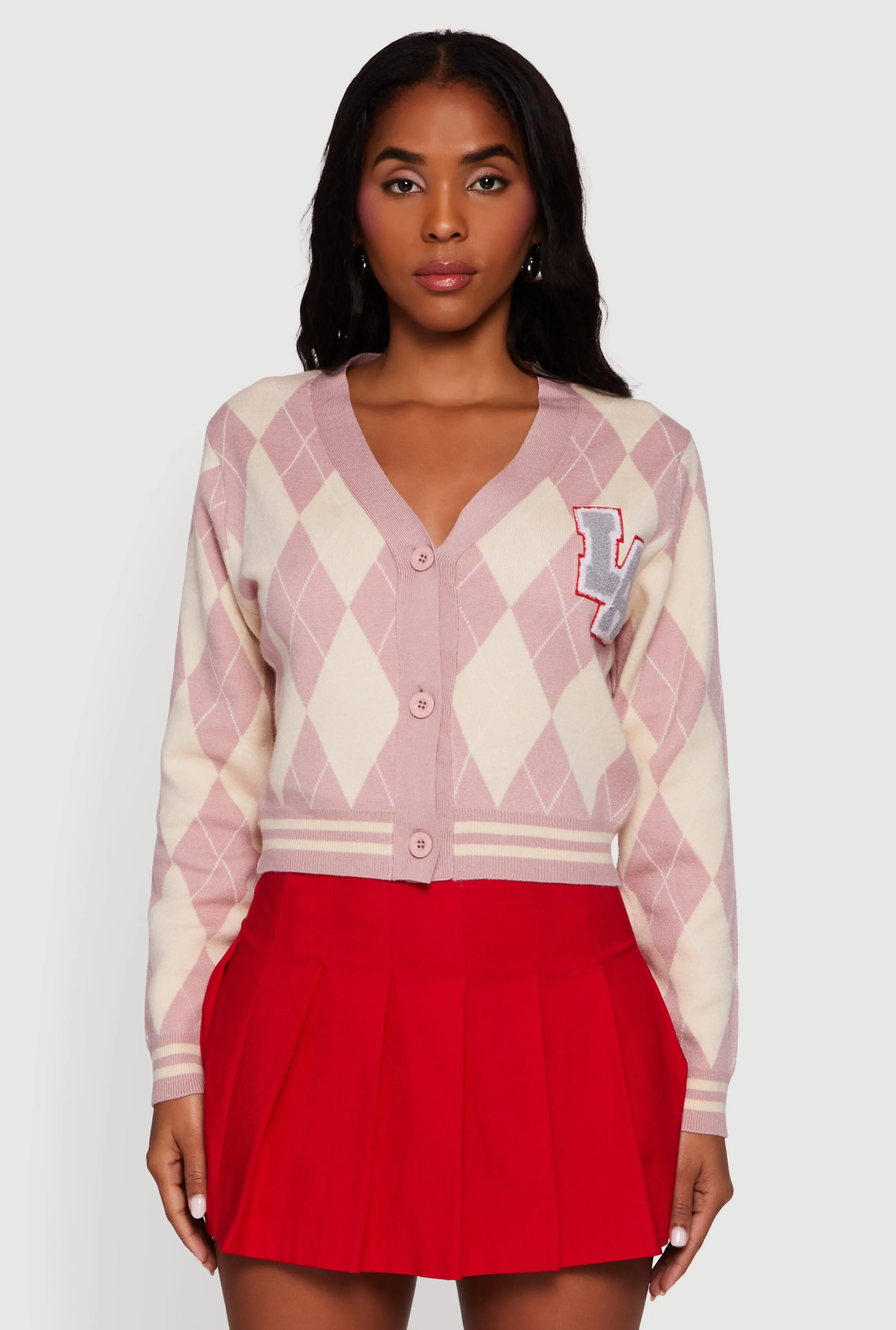 Destination Patch Graphic Argyle Plaid Button Front Cardigan sold by Rainbow product image thumbnail 2