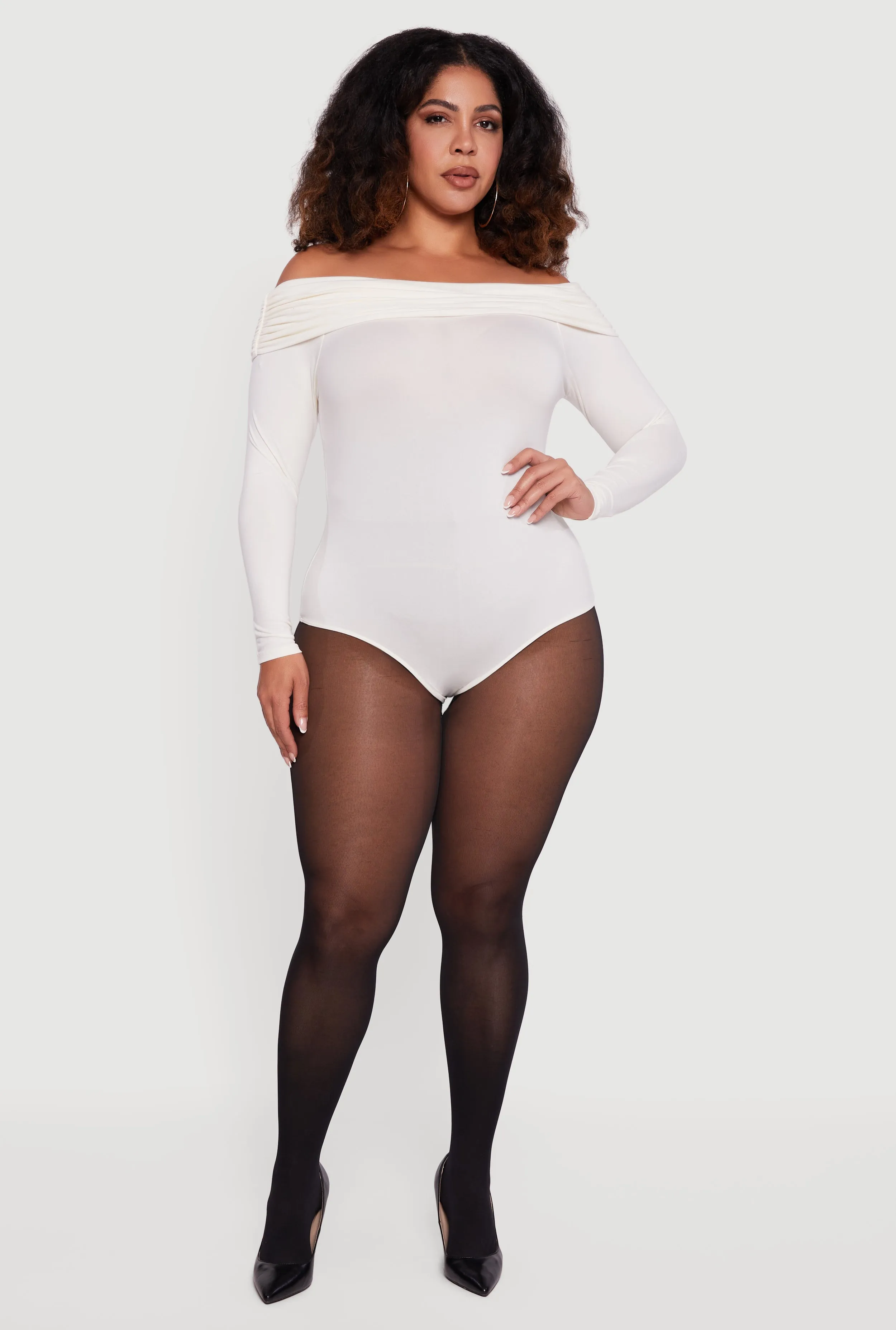 Plus Size Fold Over Off Shoulder Long Sleeve Bodysuit sold by Rainbow product image thumbnail 2