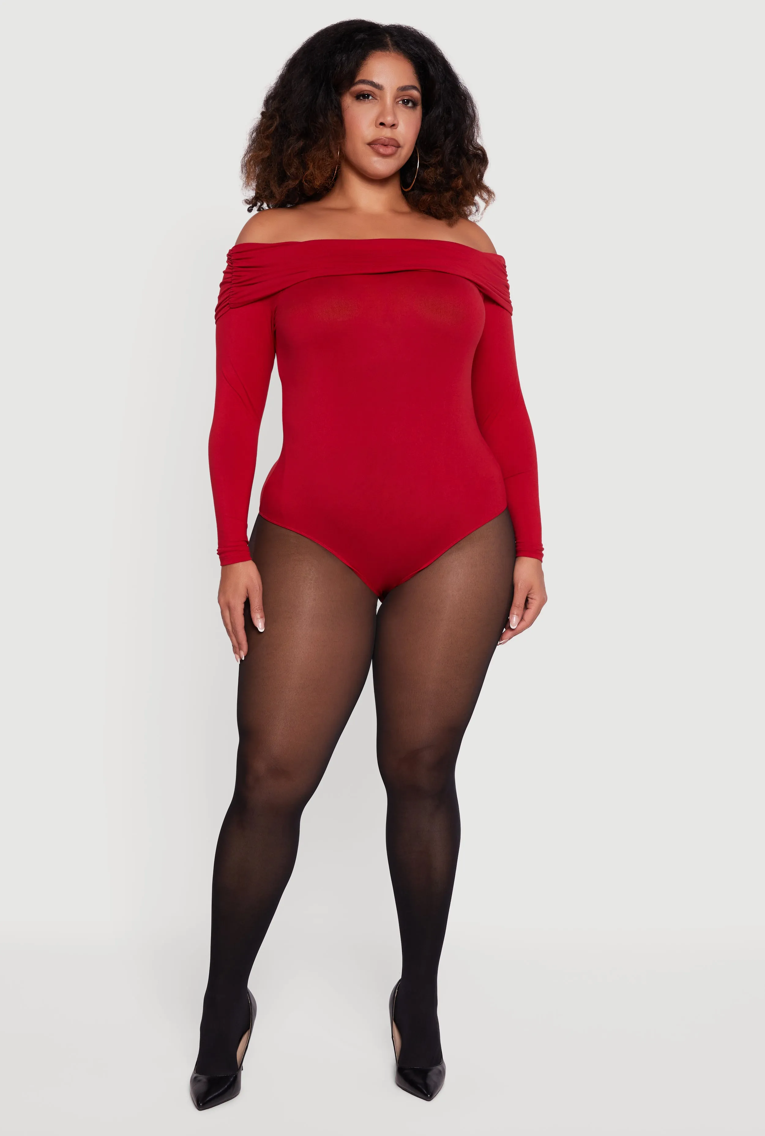 Plus Size Fold Over Off Shoulder Long Sleeve Bodysuit sold by Rainbow product image thumbnail 3