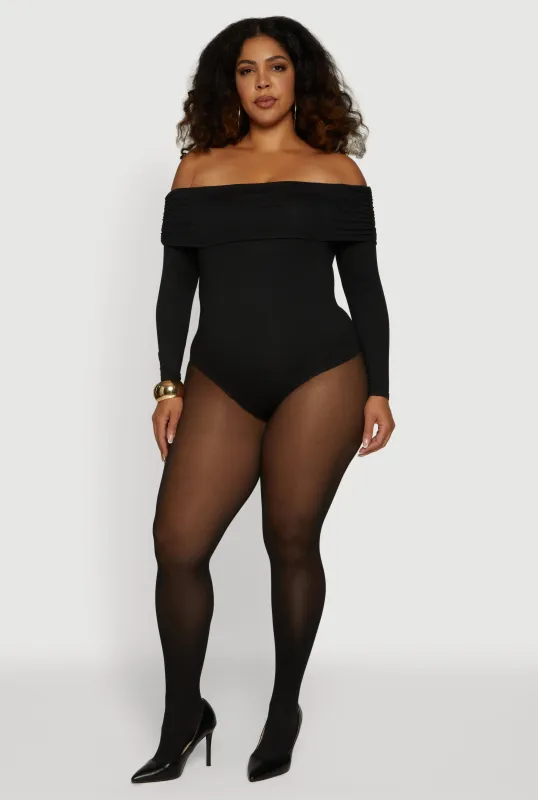 Plus Size Fold Over Off Shoulder Long Sleeve Bodysuit sold by Rainbow