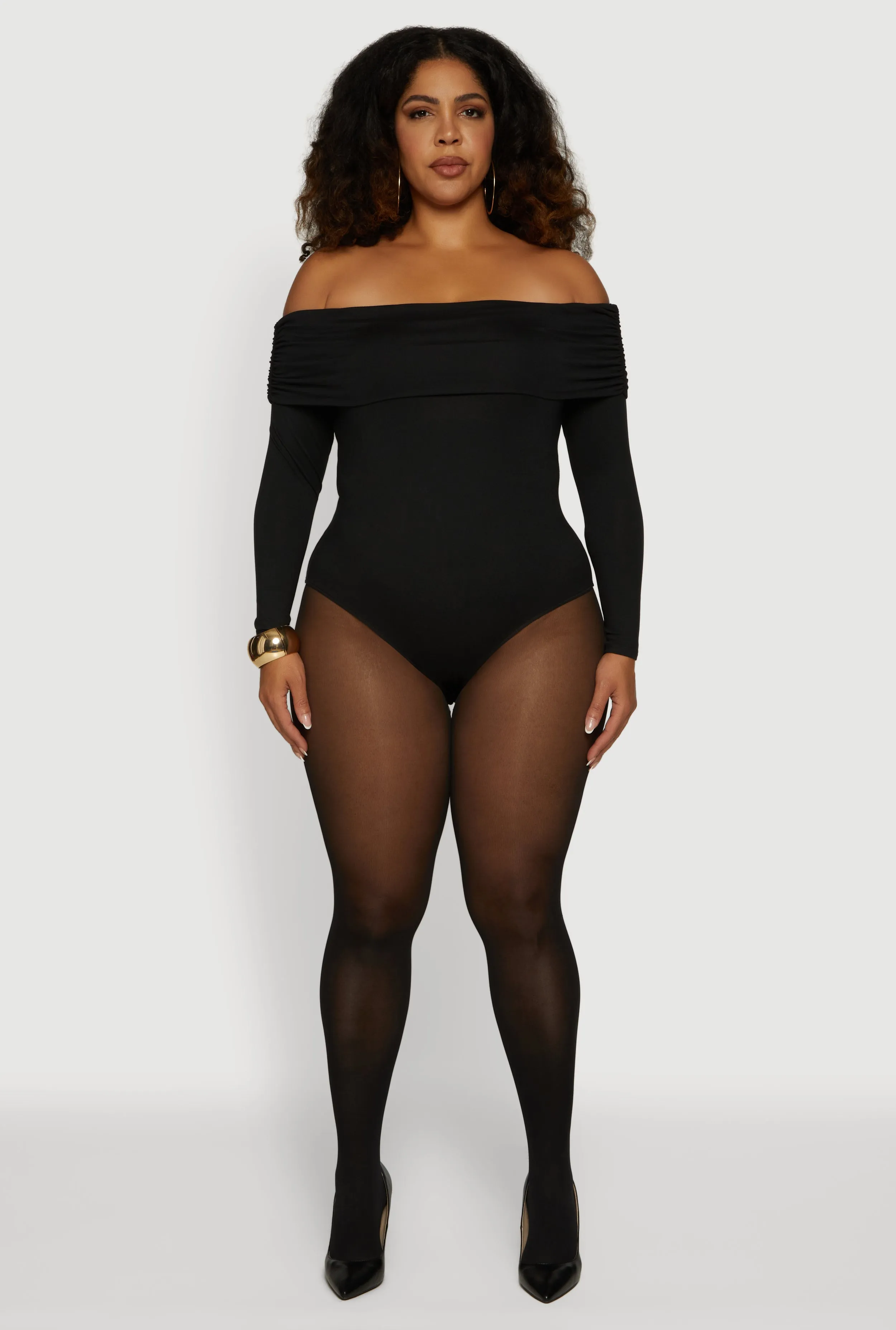 Plus Size Fold Over Off Shoulder Long Sleeve Bodysuit sold by Rainbow product image thumbnail 3