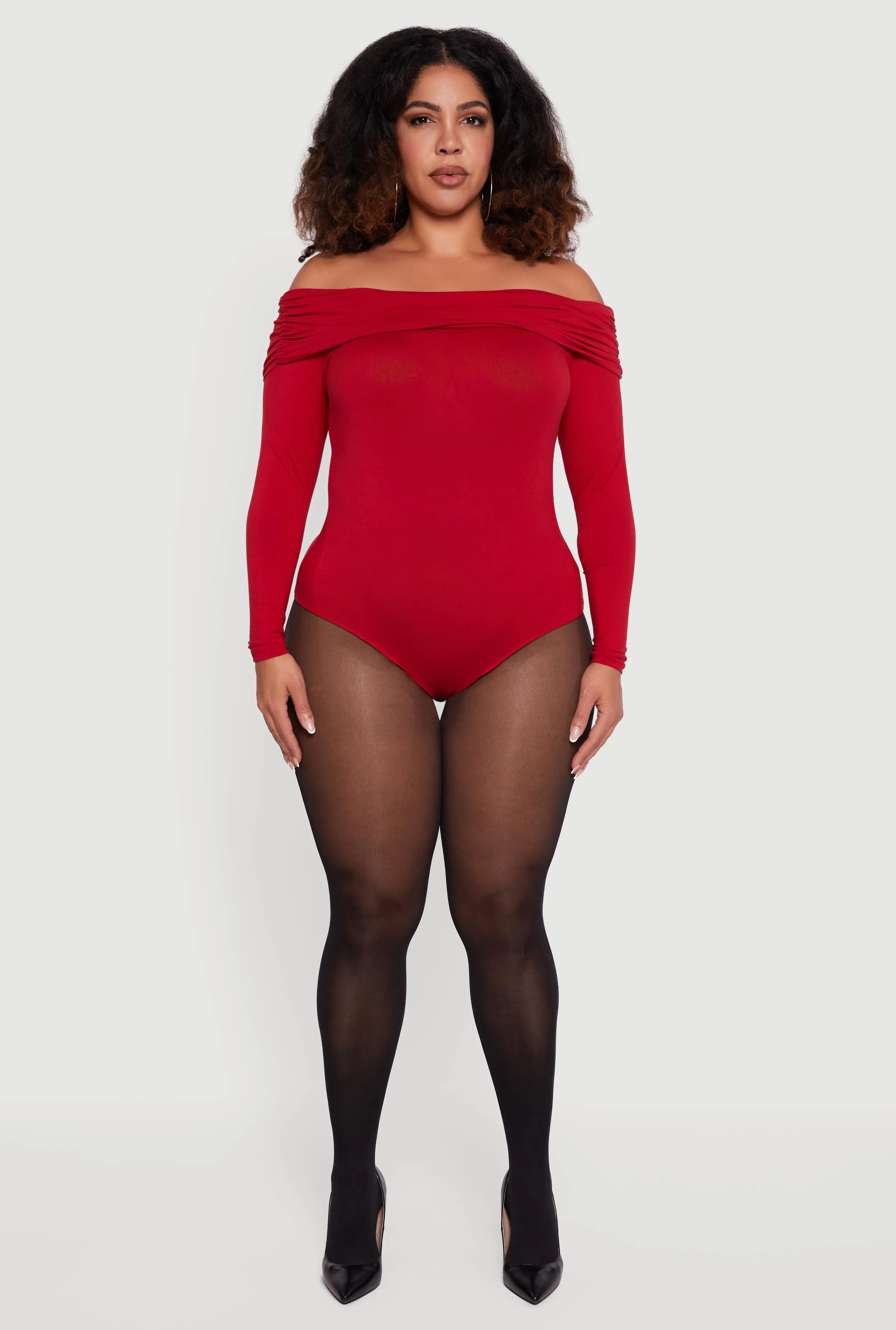 Plus Size Fold Over Off Shoulder Long Sleeve Bodysuit sold by Rainbow product image thumbnail 3