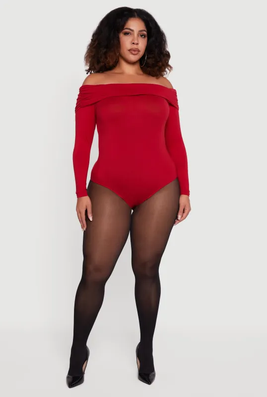 Plus Size Fold Over Off Shoulder Long Sleeve Bodysuit sold by Rainbow