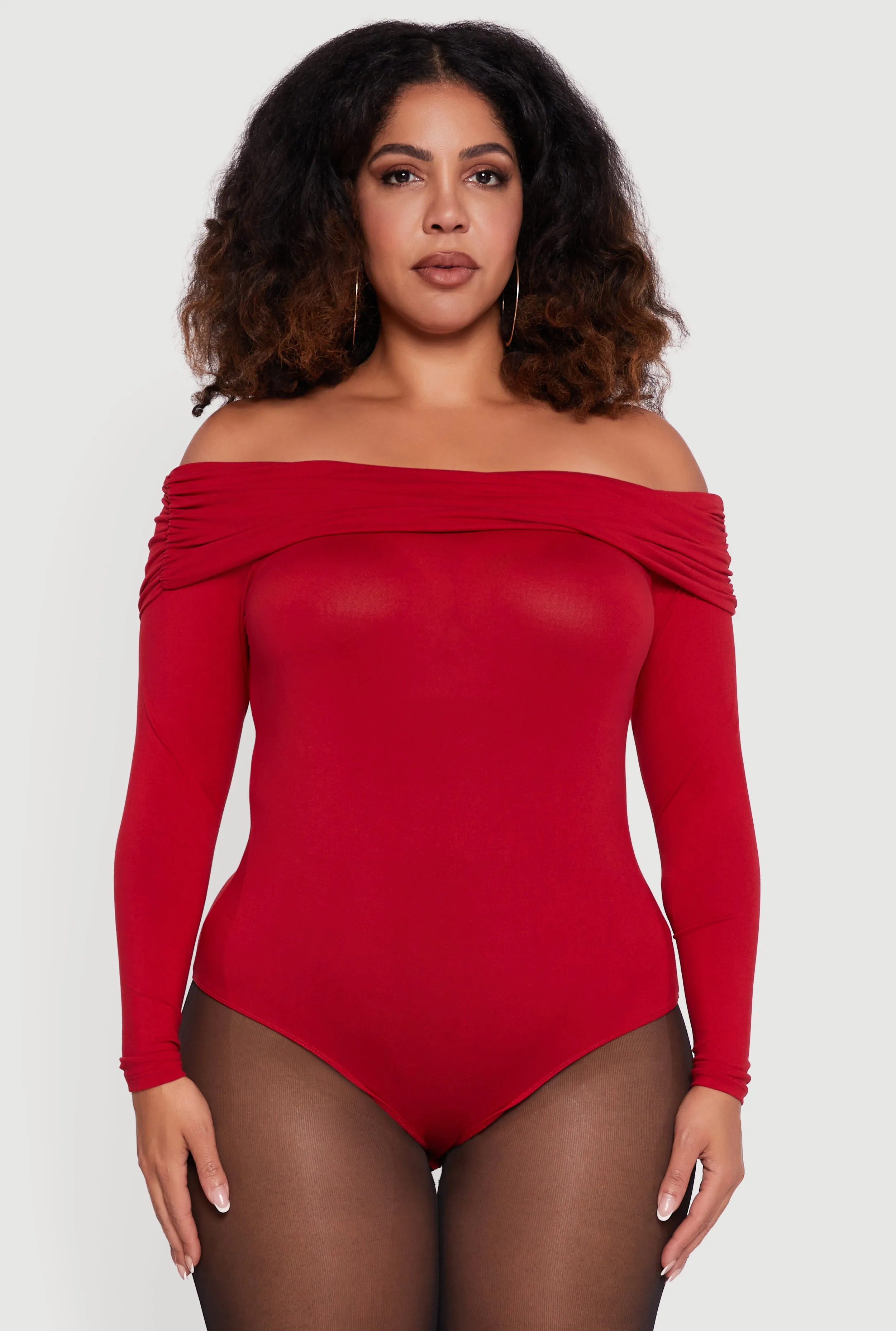 Plus Size Fold Over Off Shoulder Long Sleeve Bodysuit sold by Rainbow product image thumbnail 2