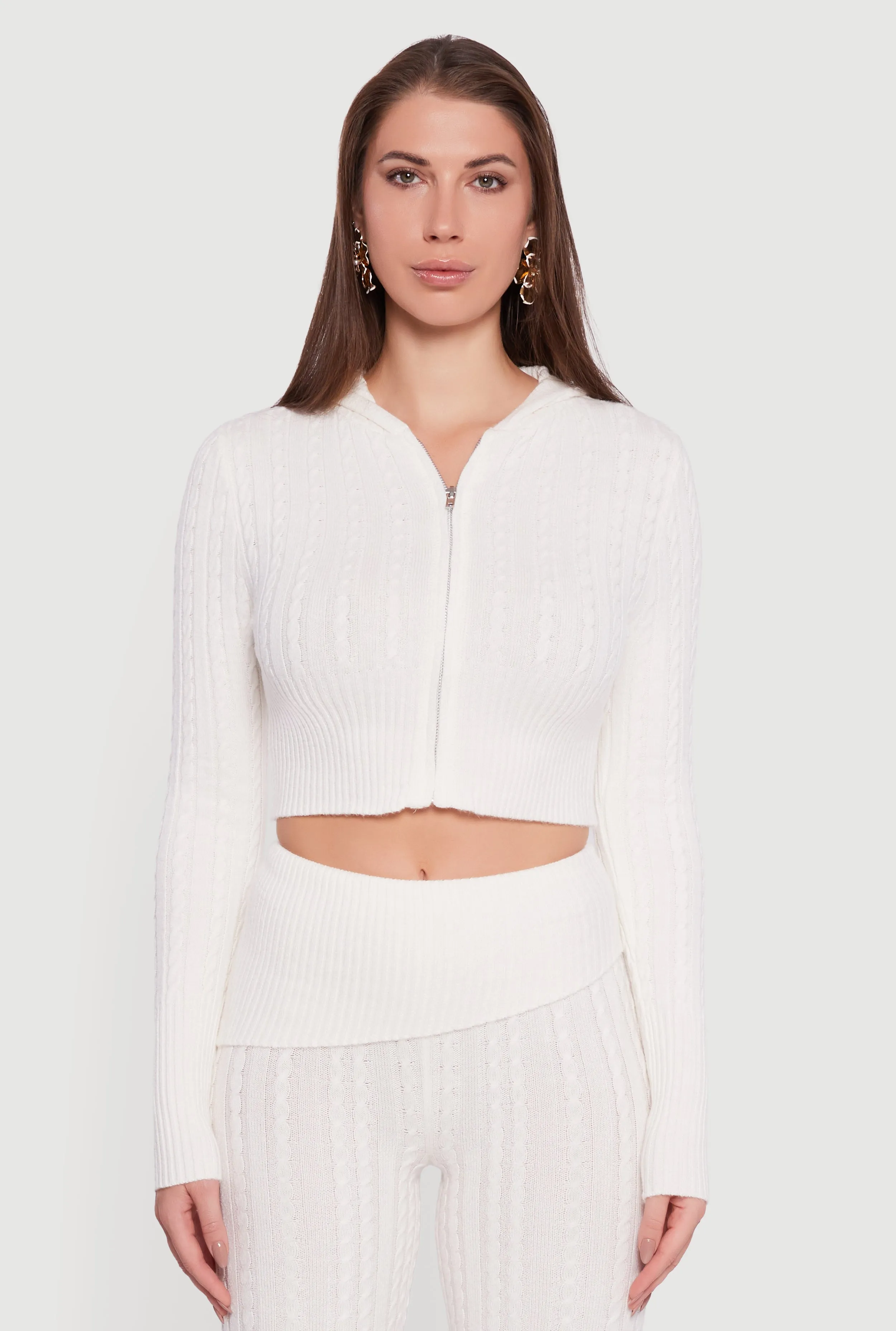 Cable Knit Cropped Zip Front Hoodie sold by Rainbow