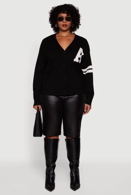Plus Size A Initial Button Front Varsity Cardigan sold by Rainbow