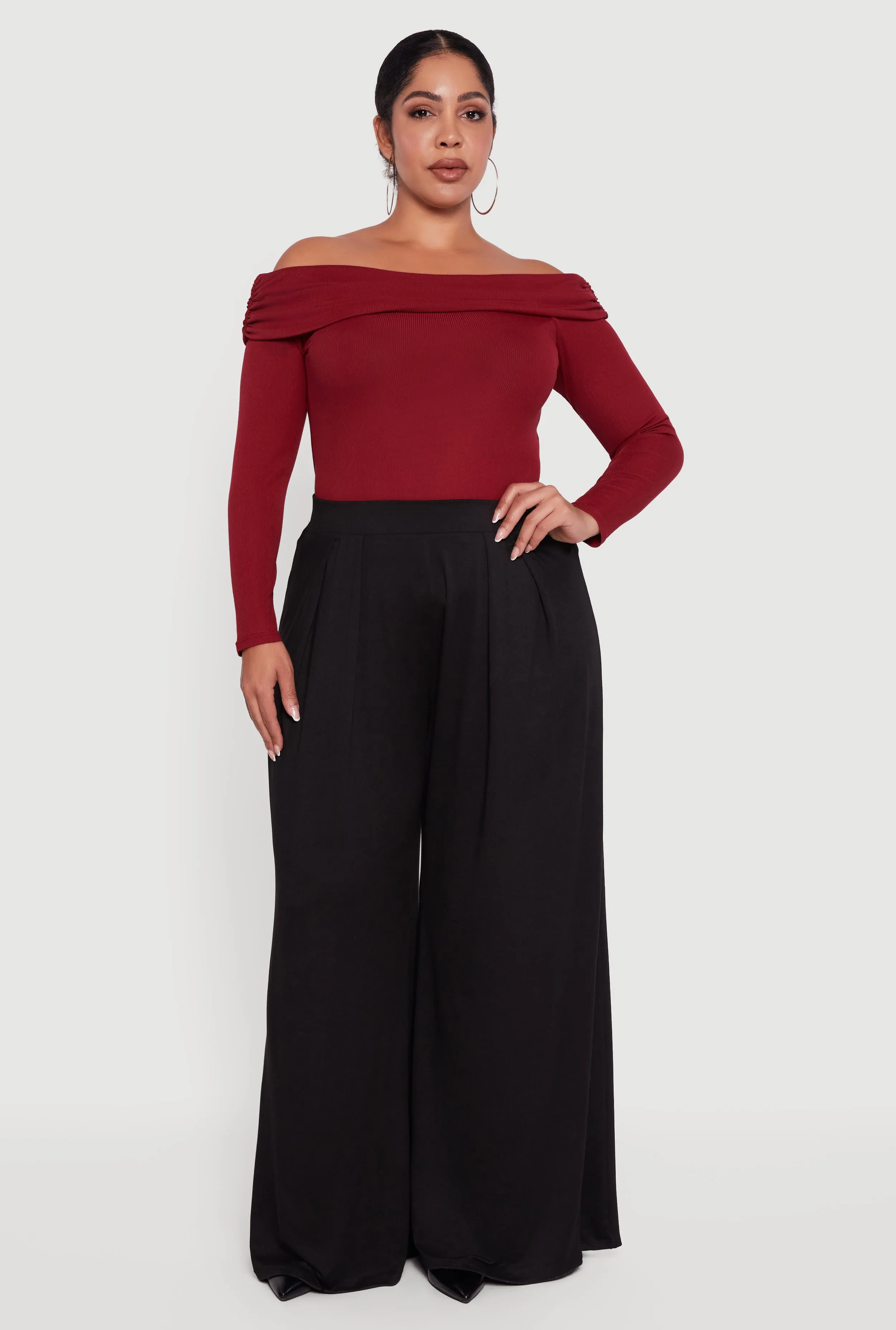 Plus Size Ruched Fold Over Off The Shoulder Long Sleeve Top sold by Rainbow