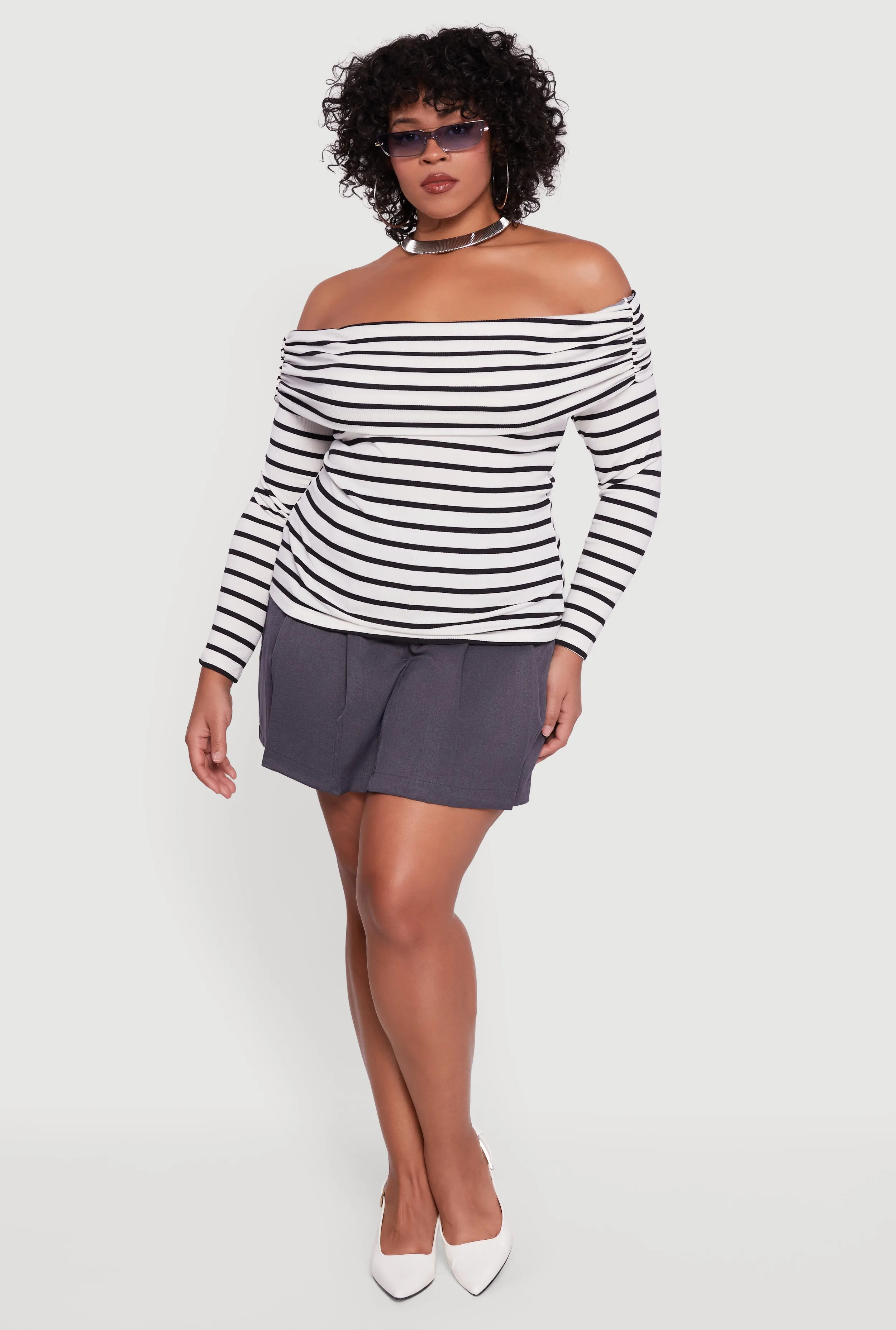 Plus Size Striped Ribbed Knit Fold Over Off Shoulder Top sold by Rainbow