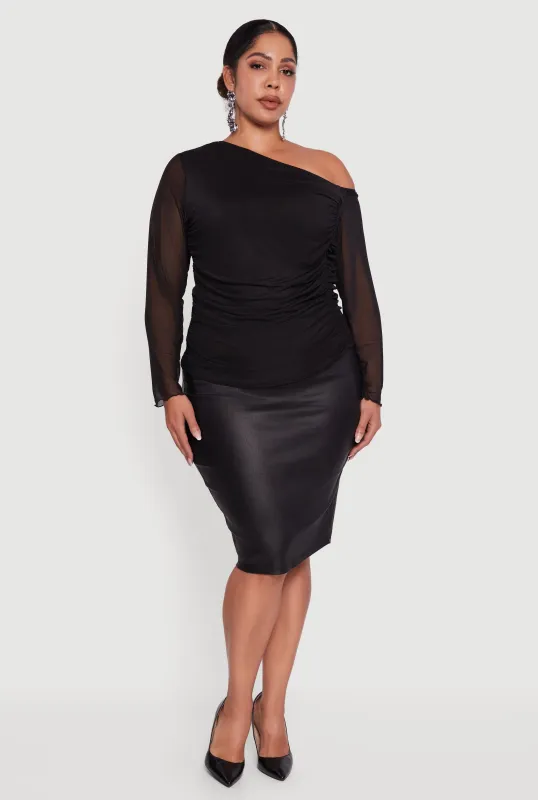 Plus Size One Shoulder Long Sleeve Mesh Blouse sold by Rainbow