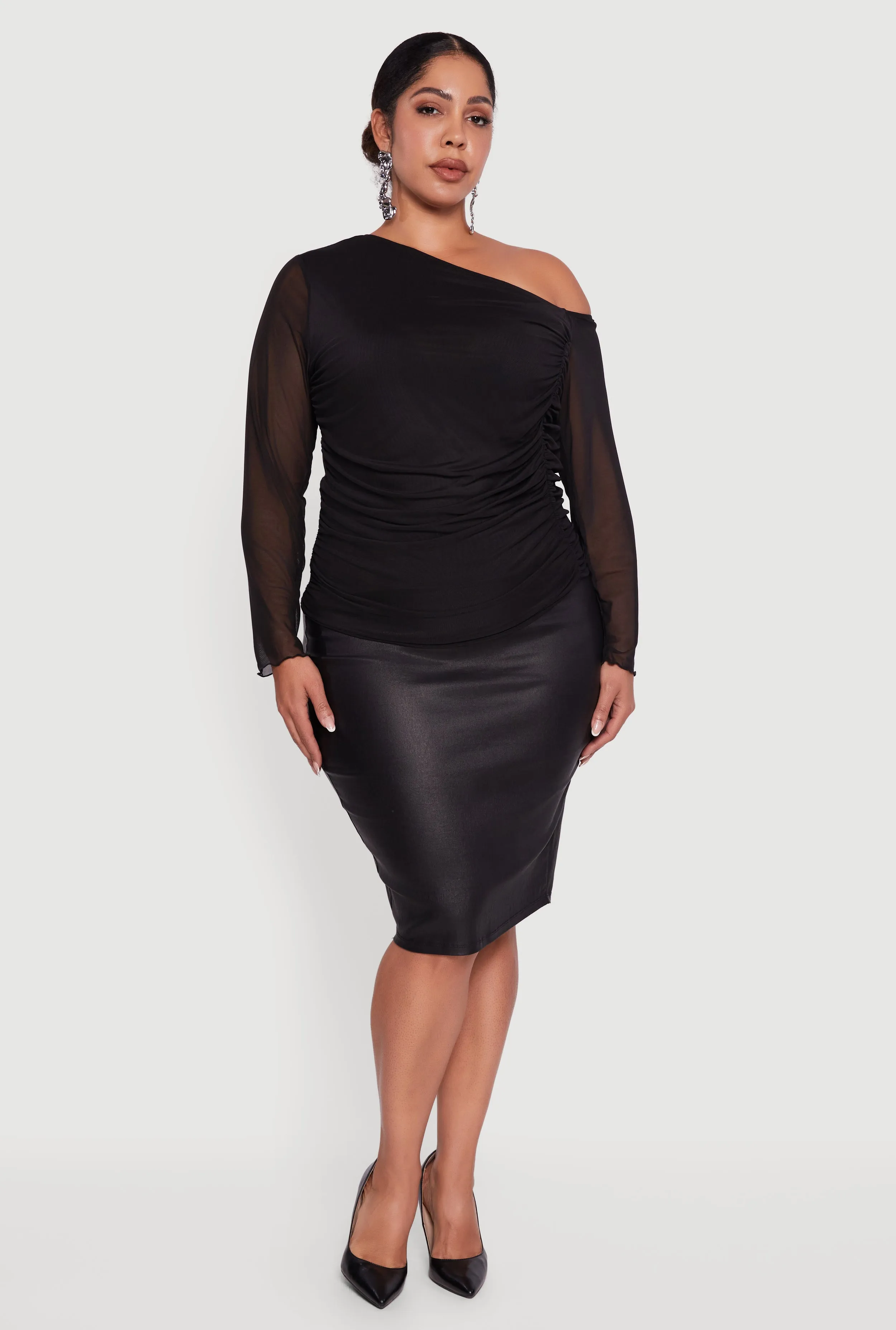 Plus Size One Shoulder Long Sleeve Mesh Blouse sold by Rainbow