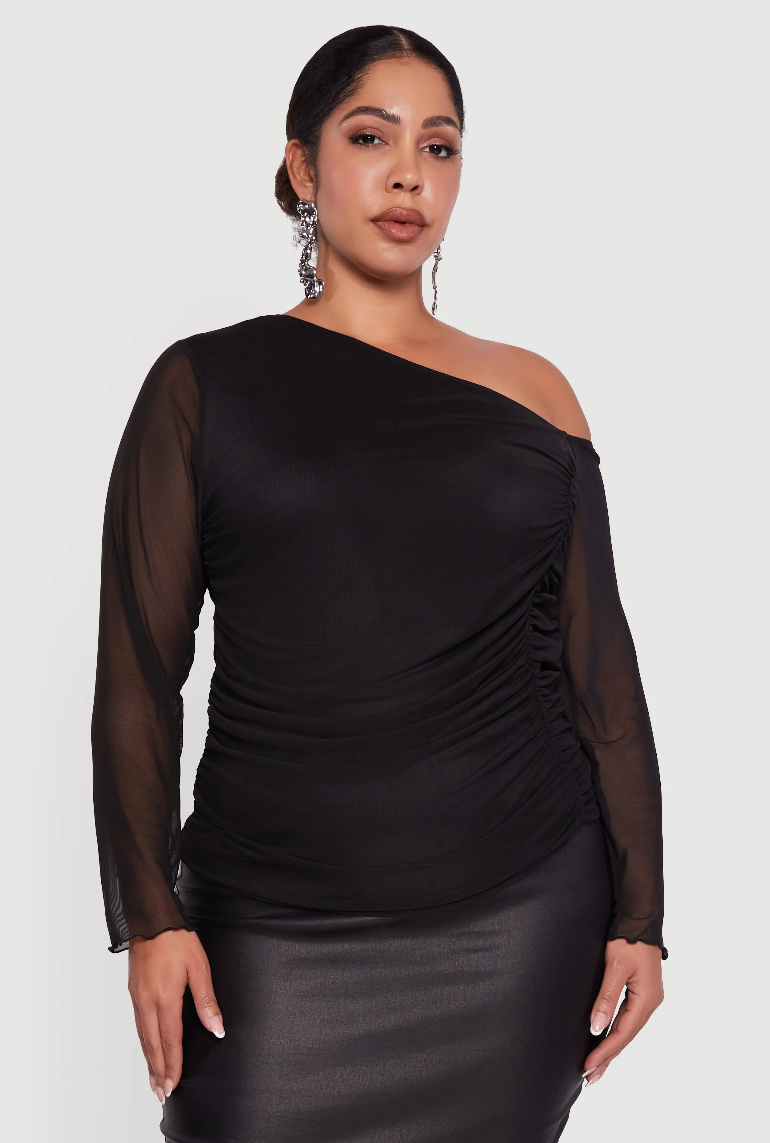 Plus Size One Shoulder Long Sleeve Mesh Blouse sold by Rainbow product image thumbnail 2