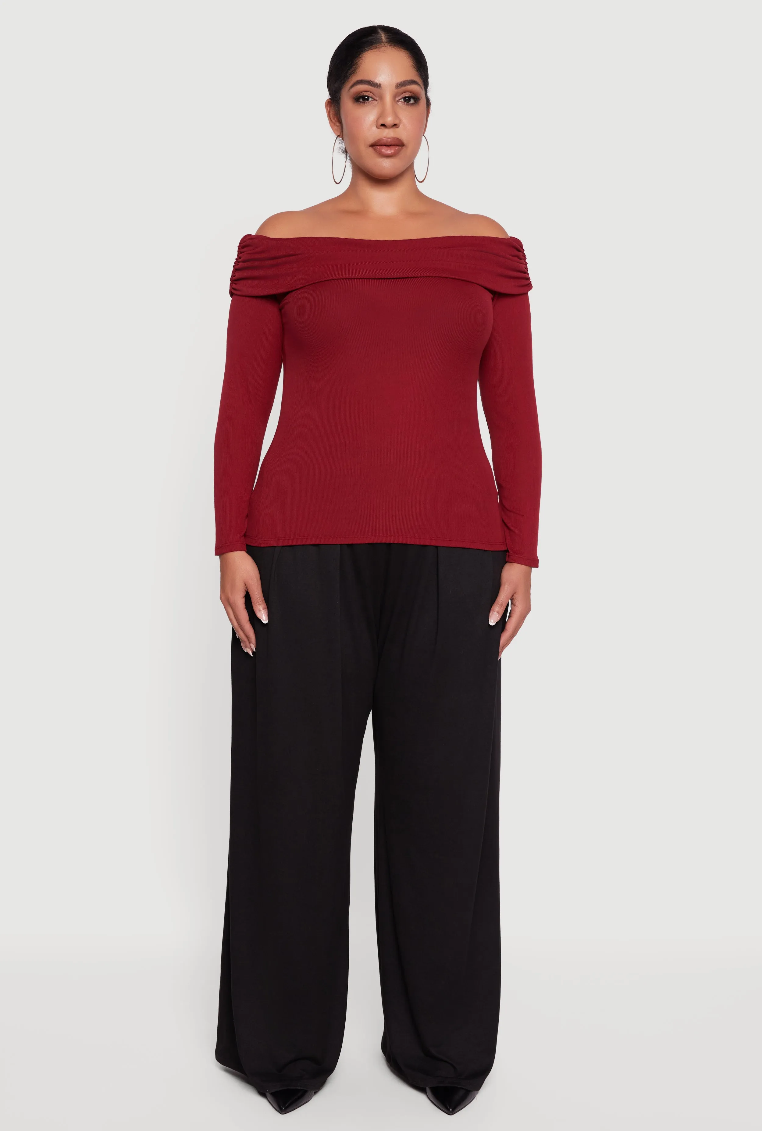 Plus Size Ruched Fold Over Off The Shoulder Long Sleeve Top sold by Rainbow product image thumbnail 3