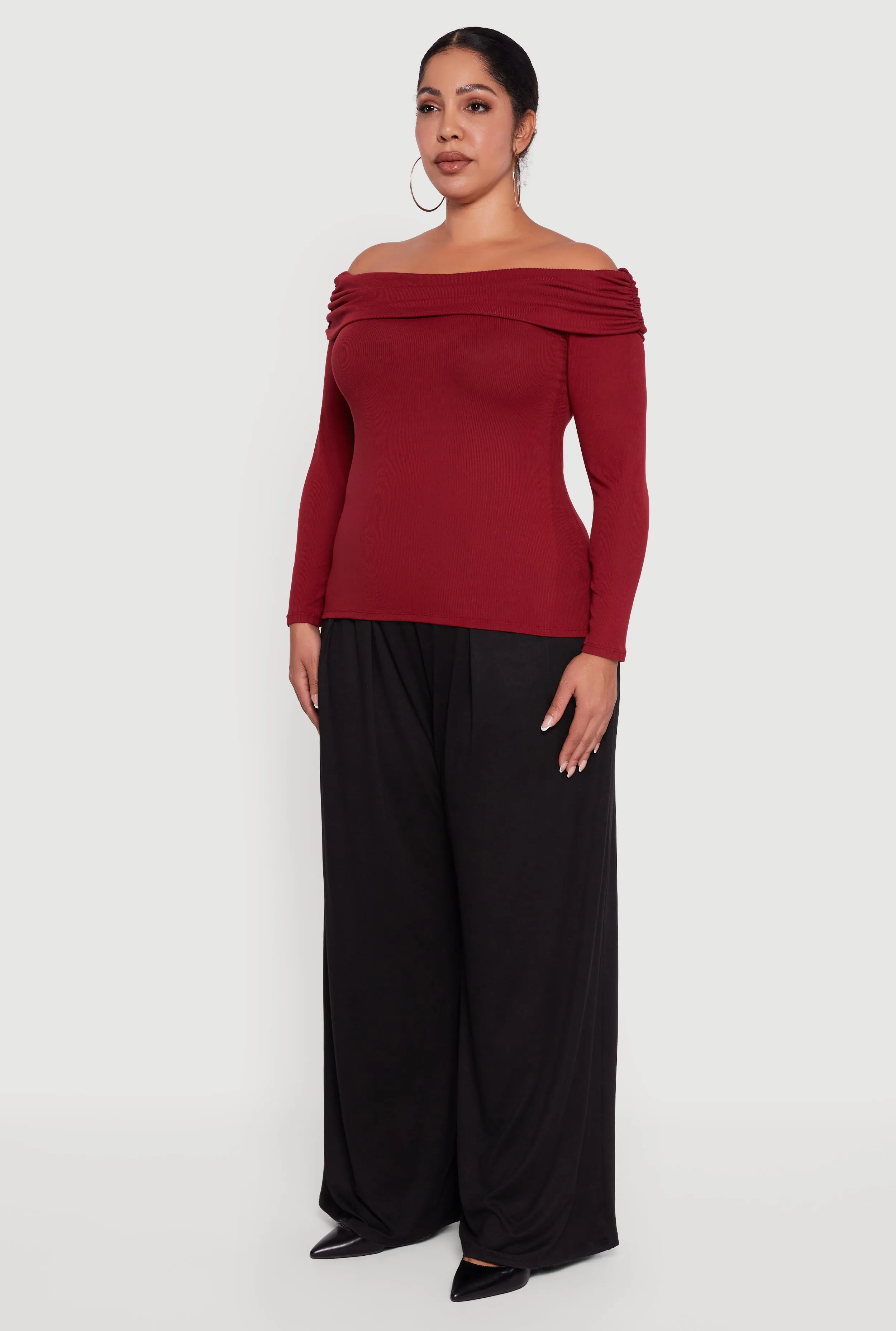 Plus Size Ruched Fold Over Off The Shoulder Long Sleeve Top sold by Rainbow product image thumbnail 5