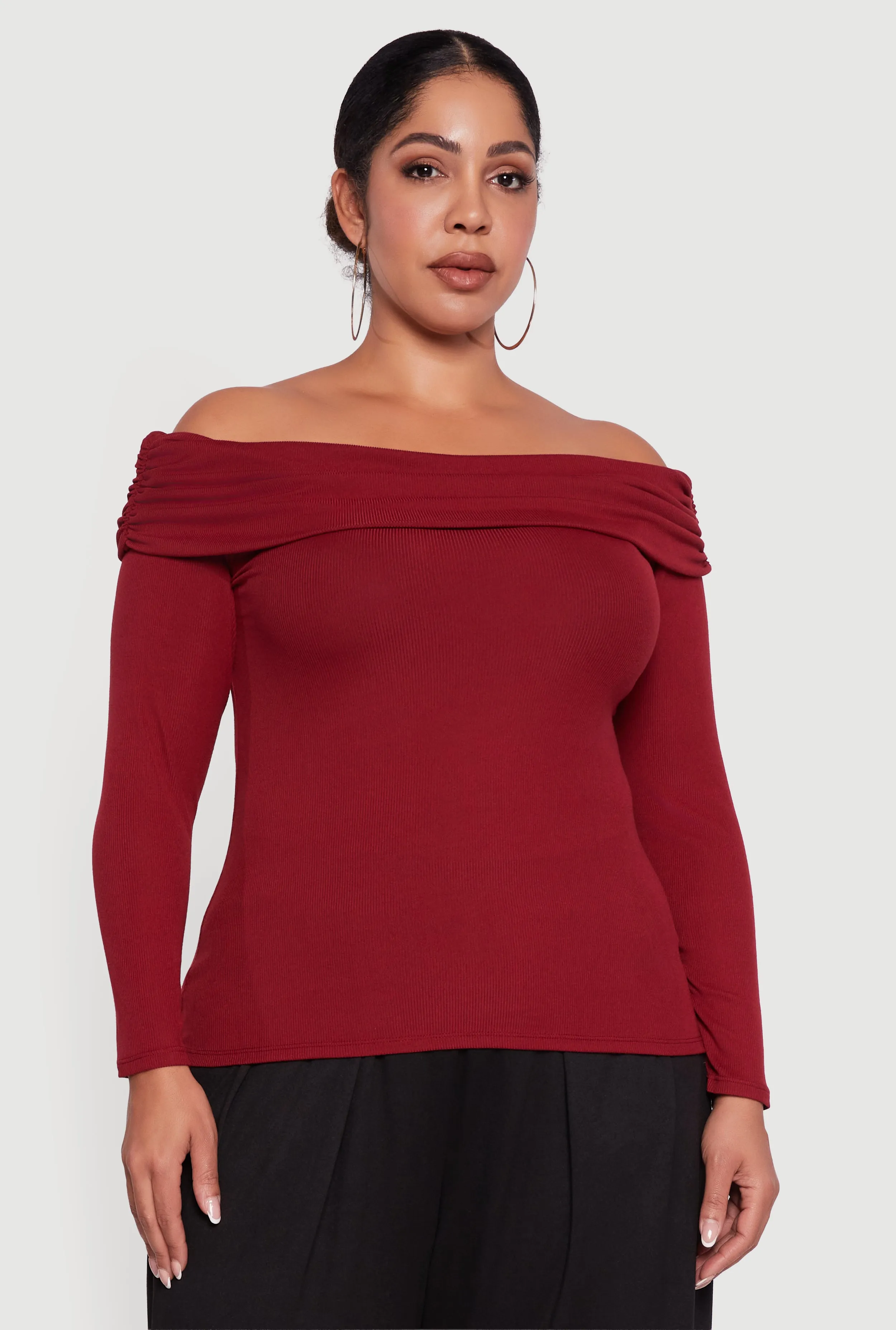 Plus Size Ruched Fold Over Off The Shoulder Long Sleeve Top sold by Rainbow product image thumbnail 2