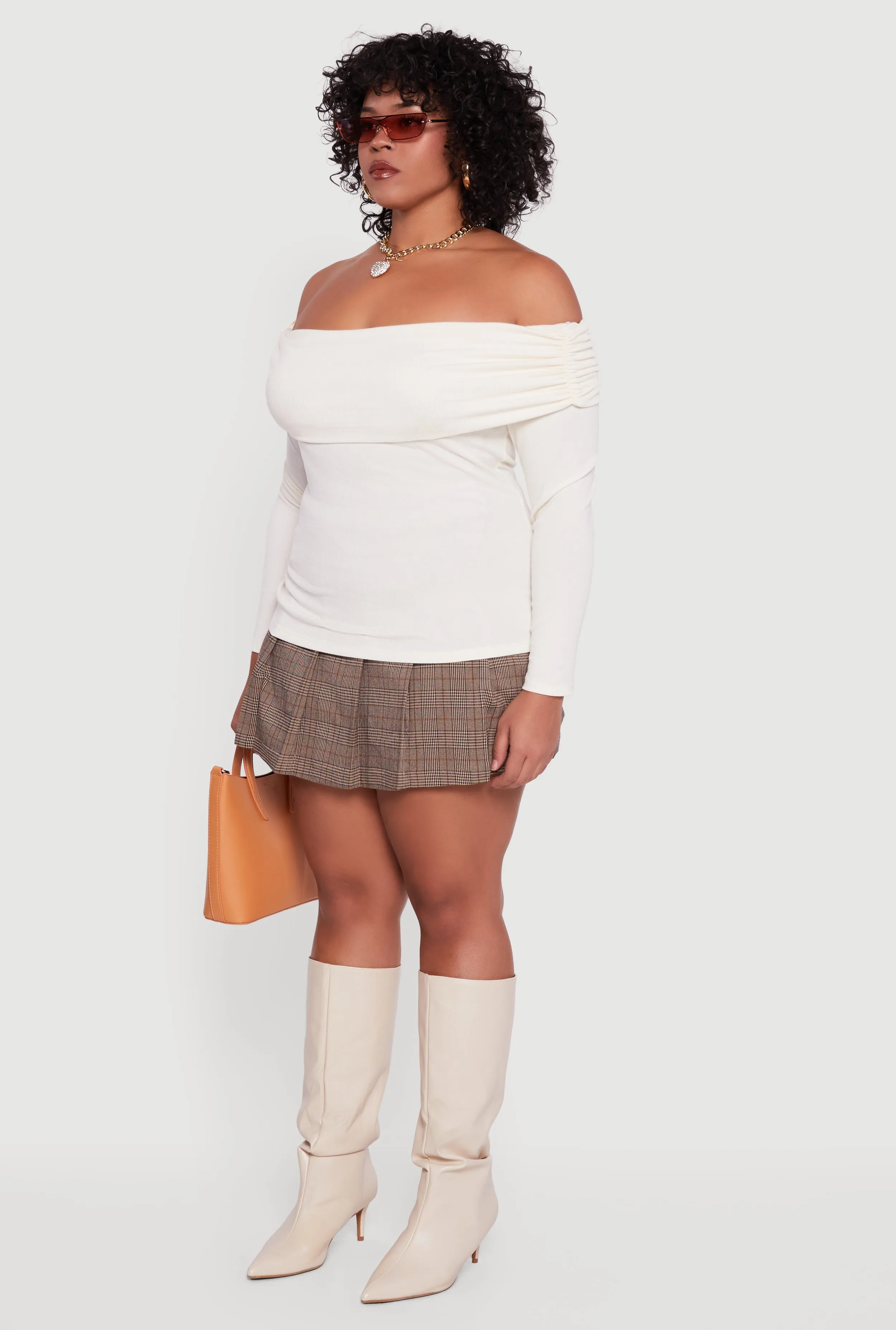 Plus Size Ruched Fold Over Off The Shoulder Long Sleeve Top sold by Rainbow product image thumbnail 5