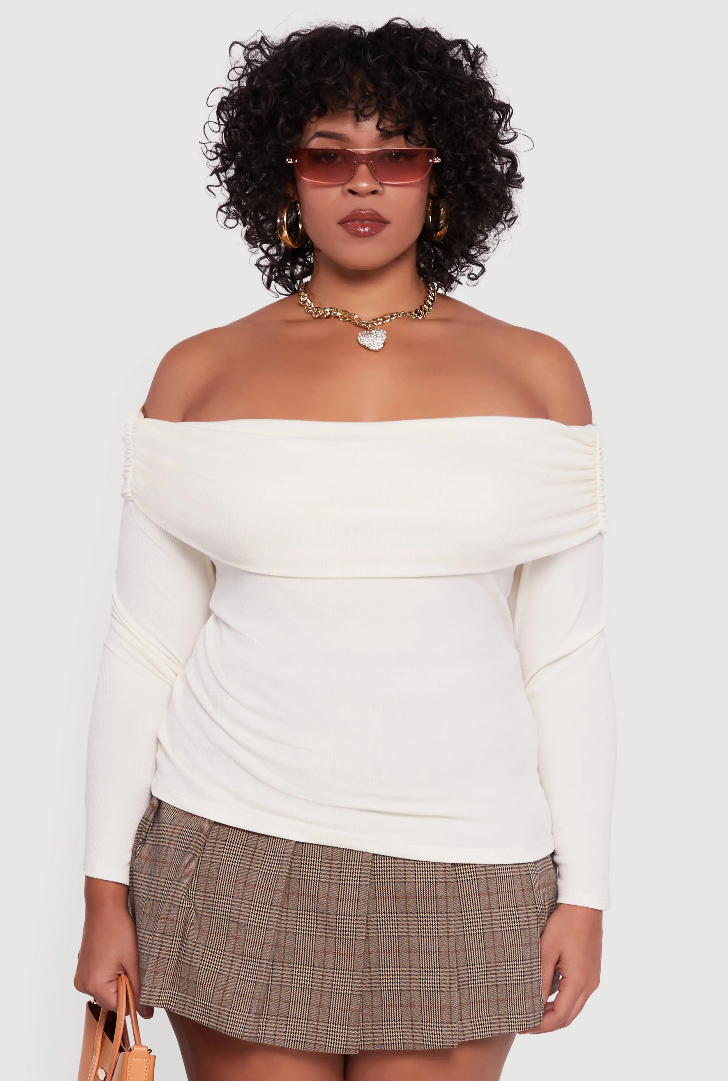 Plus Size Ruched Fold Over Off The Shoulder Long Sleeve Top sold by Rainbow product image thumbnail 2