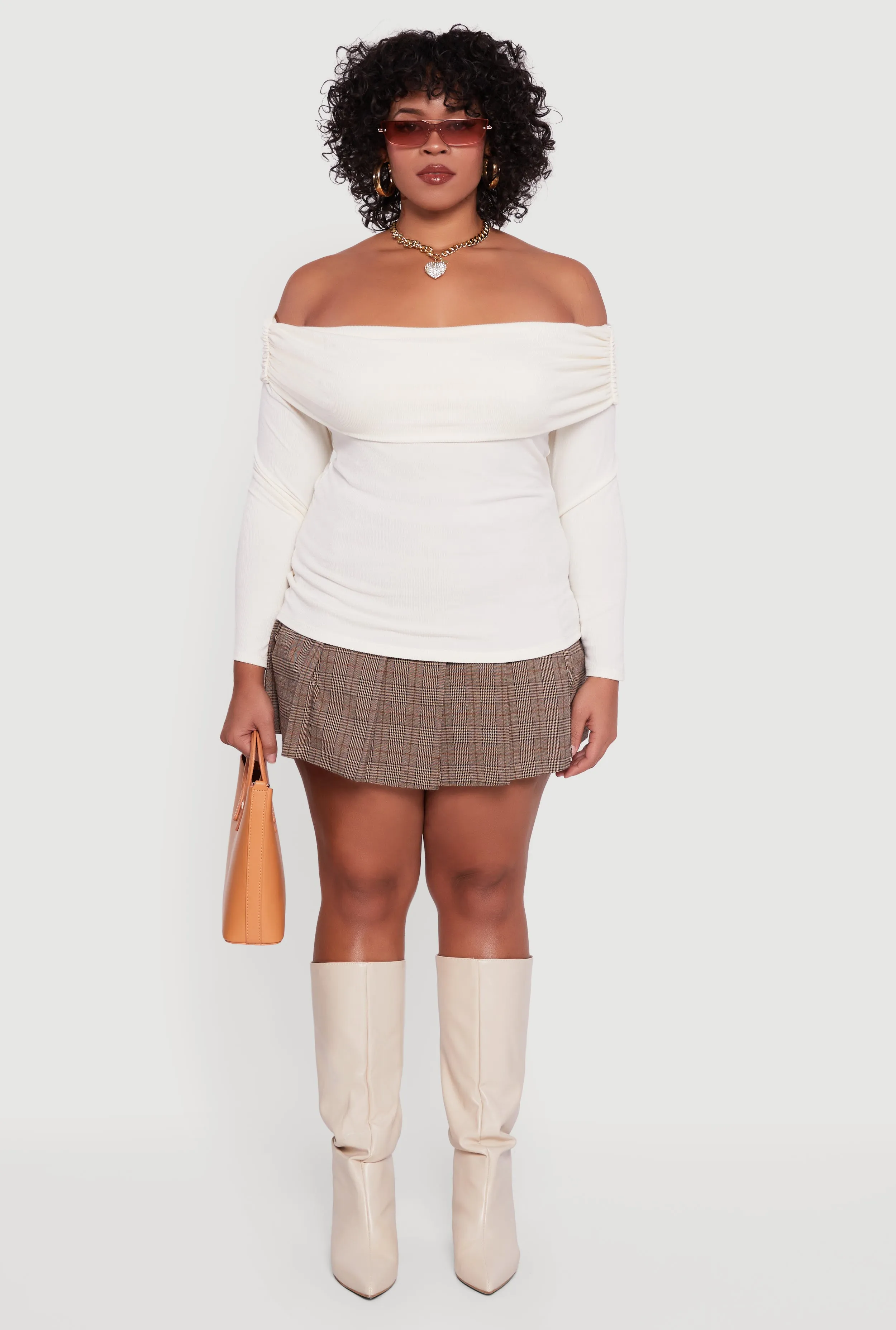 Plus Size Ruched Fold Over Off The Shoulder Long Sleeve Top sold by Rainbow product image thumbnail 3