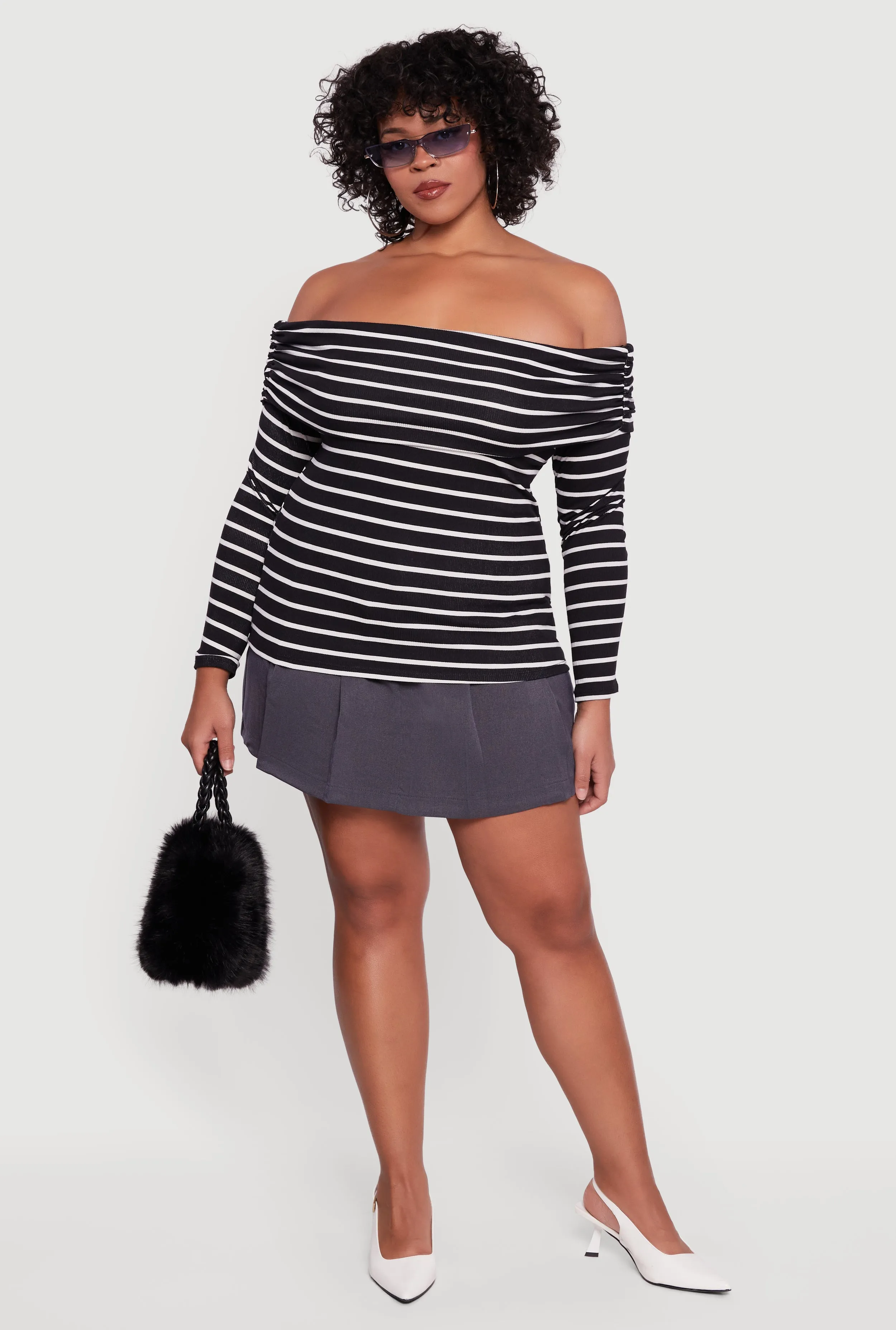 Plus Size Striped Ribbed Knit Fold Over Off Shoulder Top sold by Rainbow product image thumbnail 3