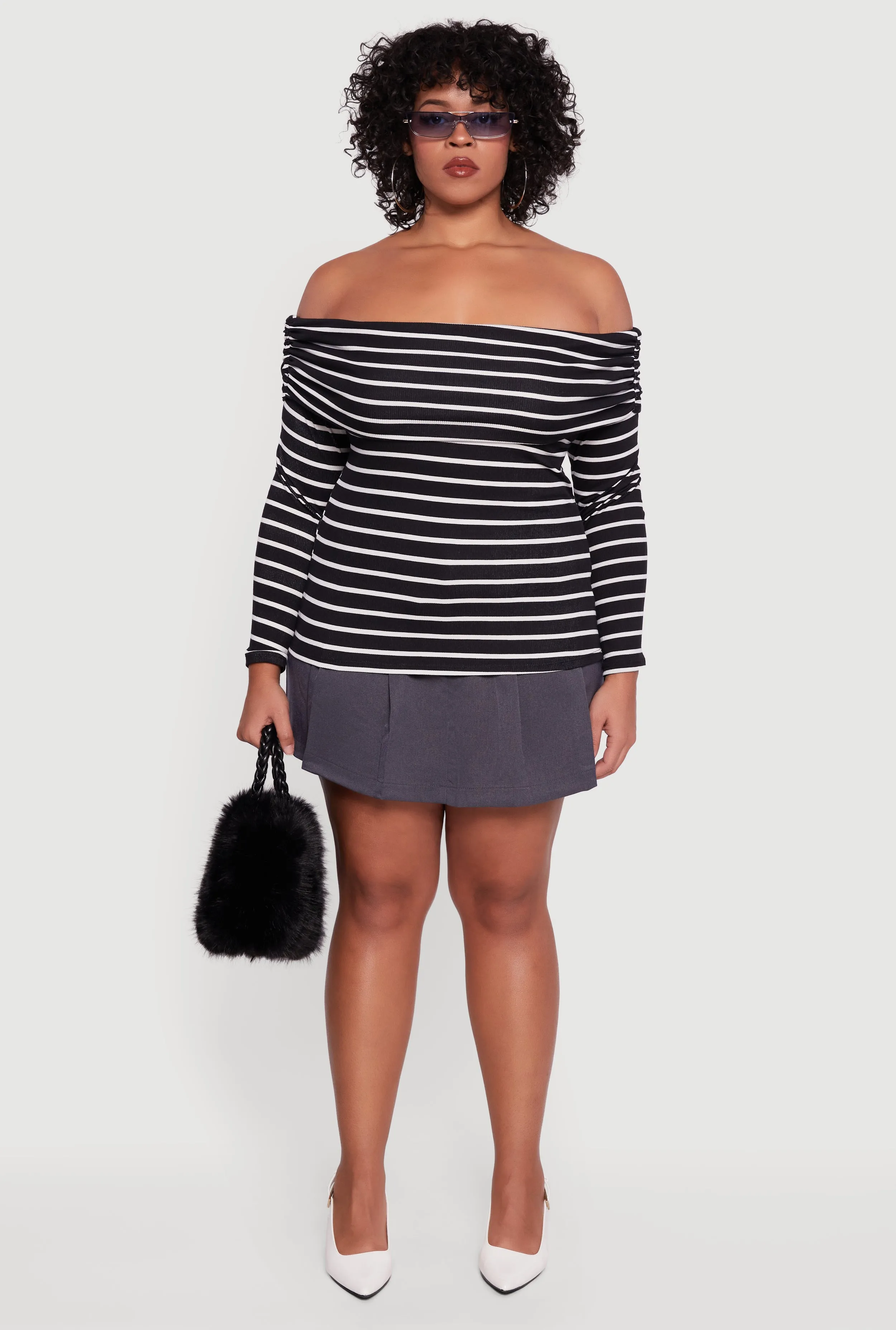 Plus Size Striped Ribbed Knit Fold Over Off Shoulder Top sold by Rainbow