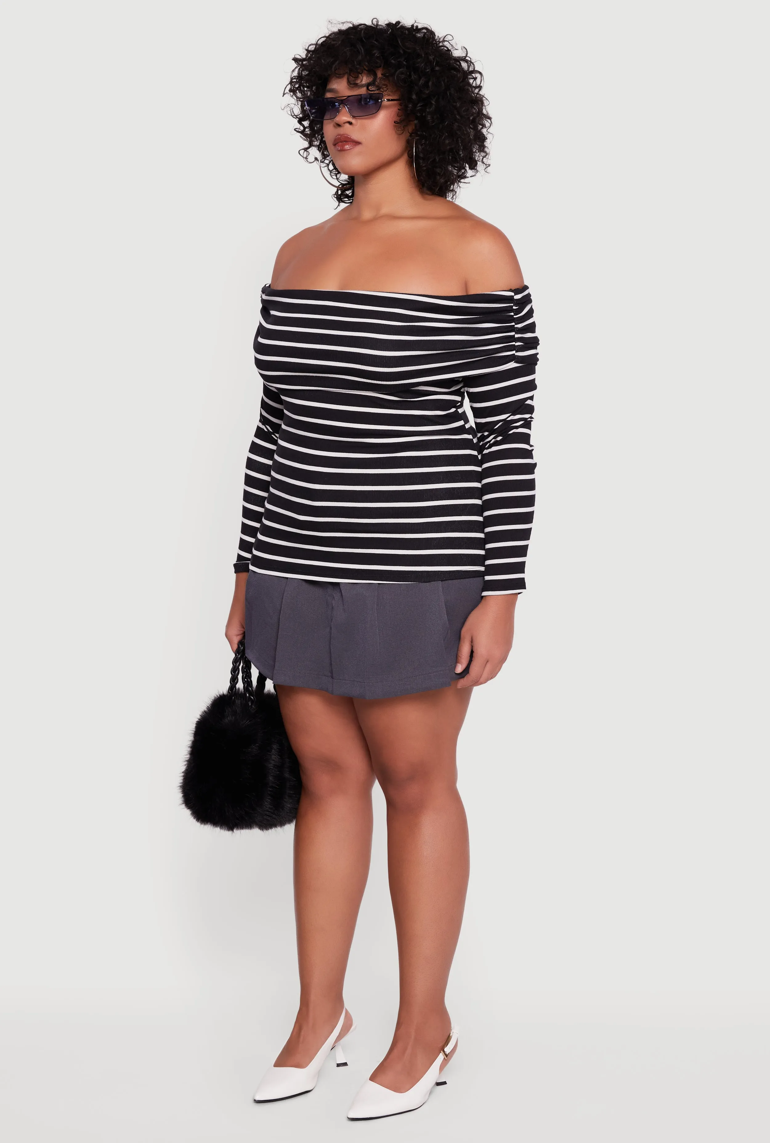 Plus Size Striped Ribbed Knit Fold Over Off Shoulder Top sold by Rainbow product image thumbnail 5