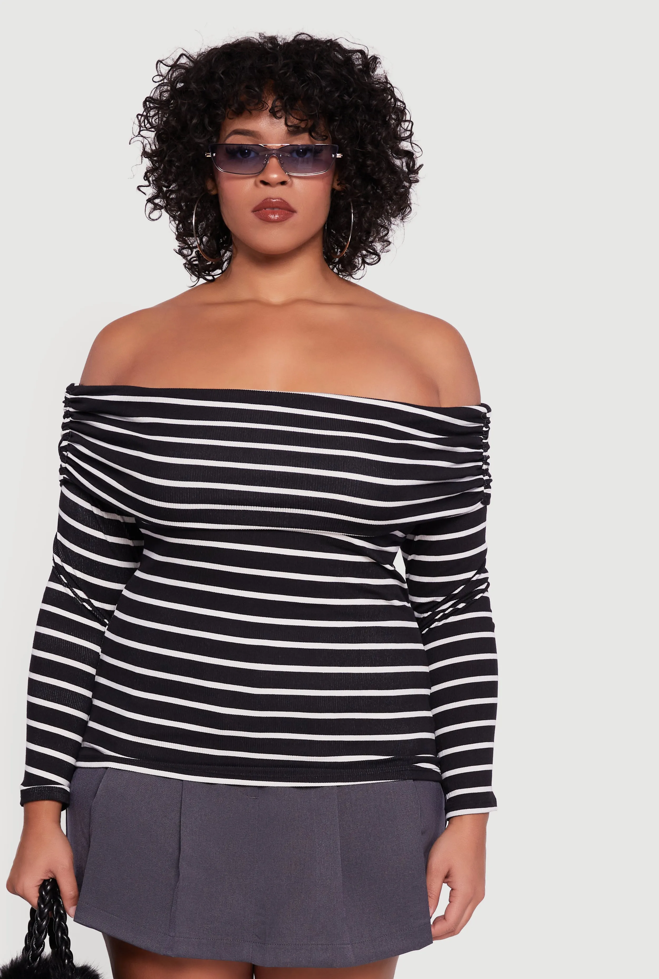 Plus Size Striped Ribbed Knit Fold Over Off Shoulder Top sold by Rainbow product image thumbnail 2