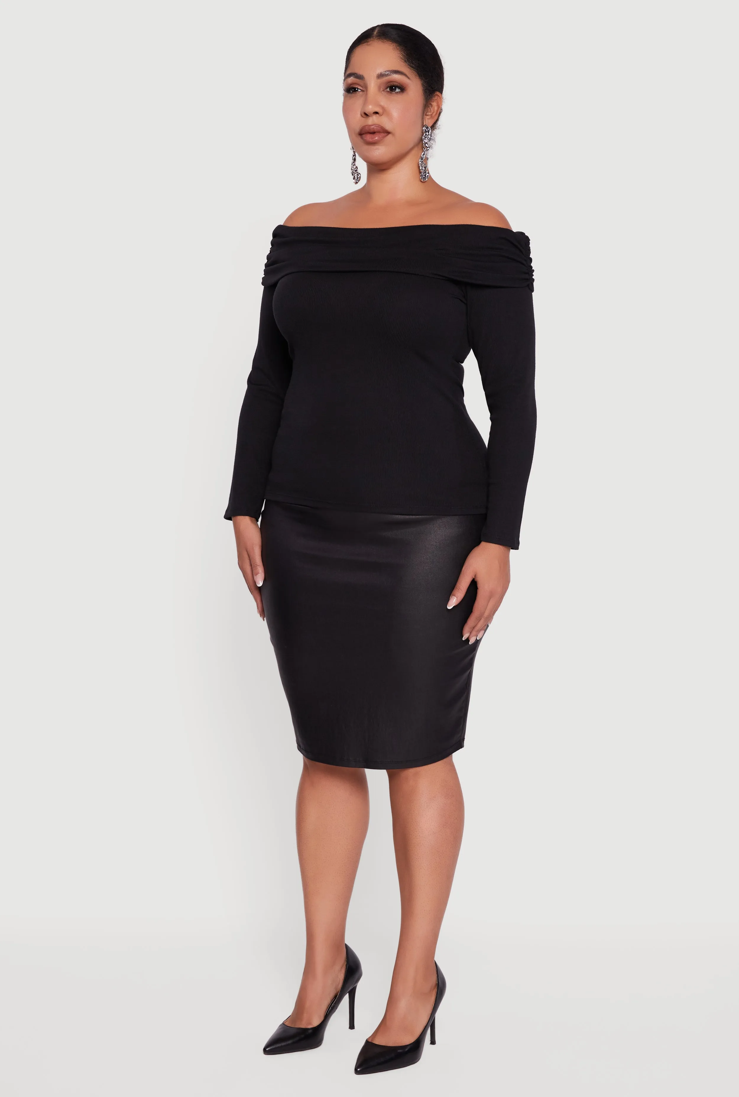 Plus Size Ruched Fold Over Off The Shoulder Long Sleeve Top sold by Rainbow product image thumbnail 5