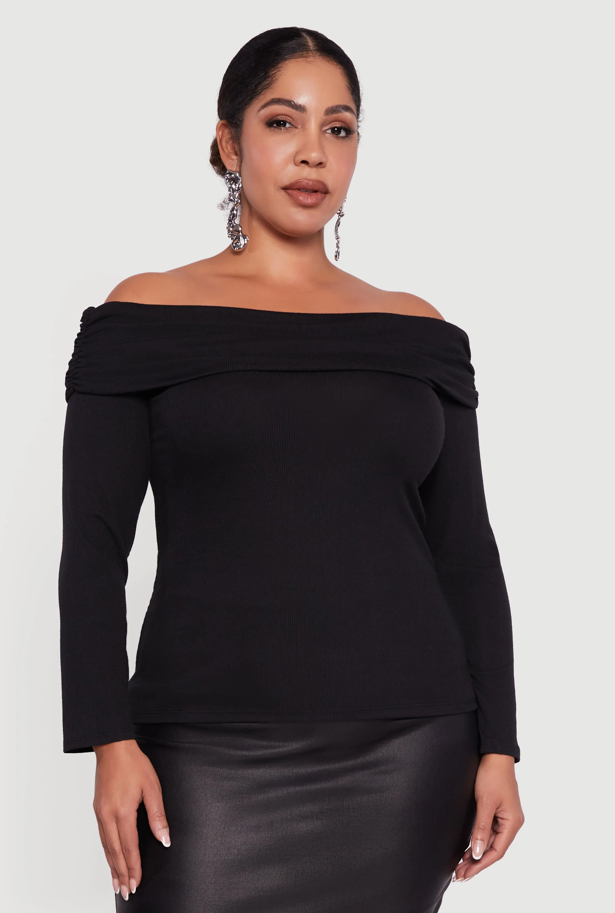 Plus Size Ruched Fold Over Off The Shoulder Long Sleeve Top sold by Rainbow product image thumbnail 2