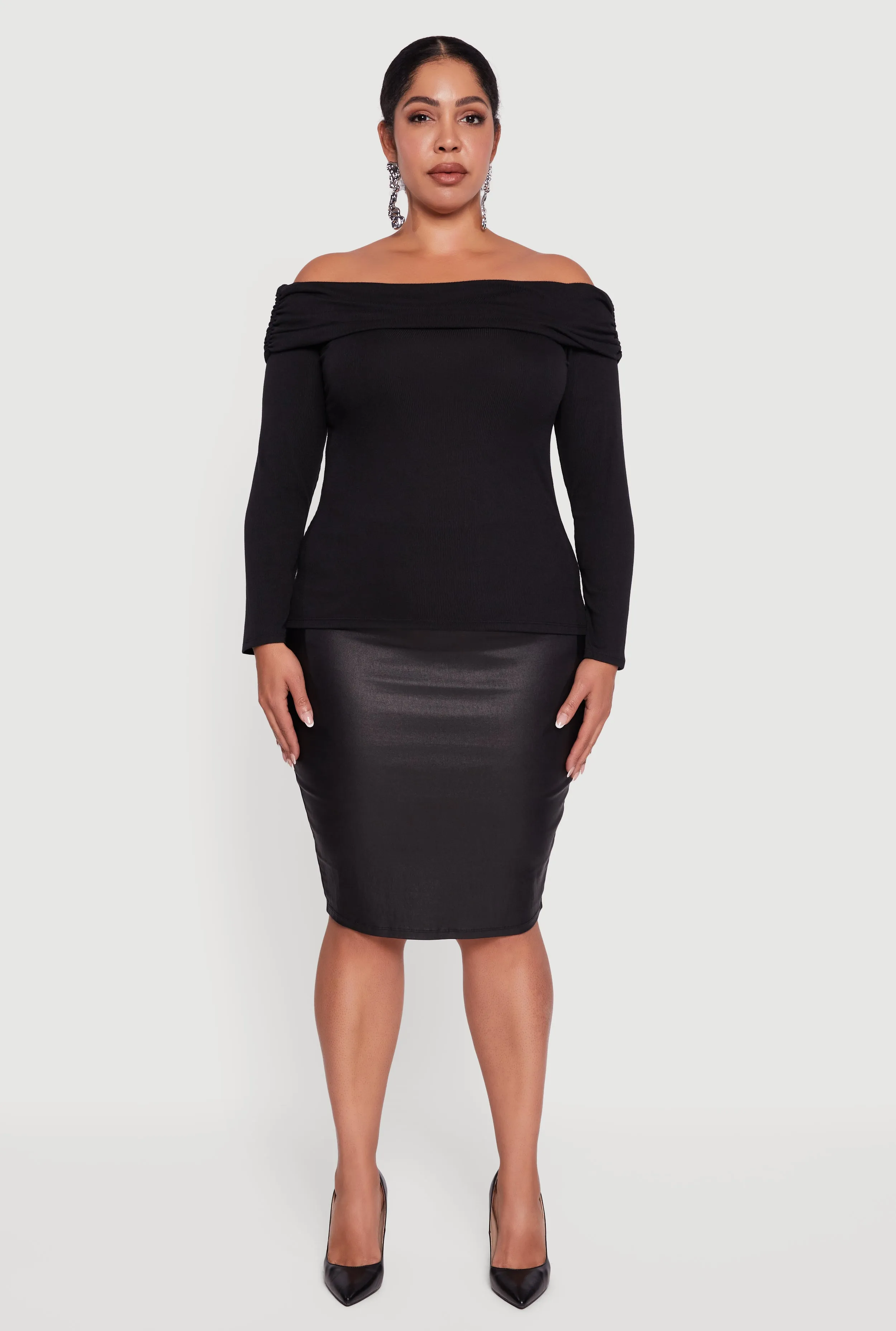 Plus Size Ruched Fold Over Off The Shoulder Long Sleeve Top sold by Rainbow product image thumbnail 3