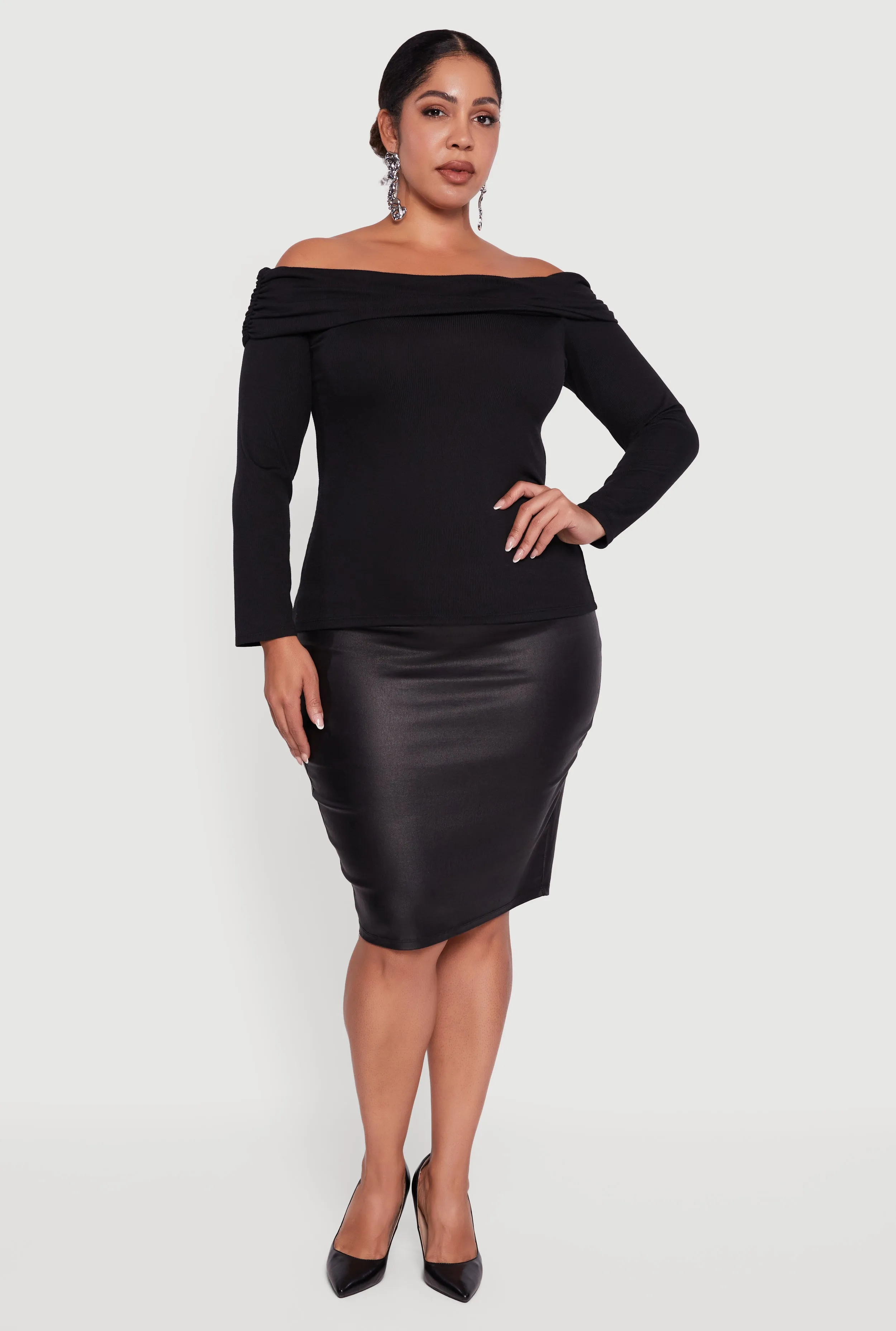 Plus Size Ruched Fold Over Off The Shoulder Long Sleeve Top sold by Rainbow