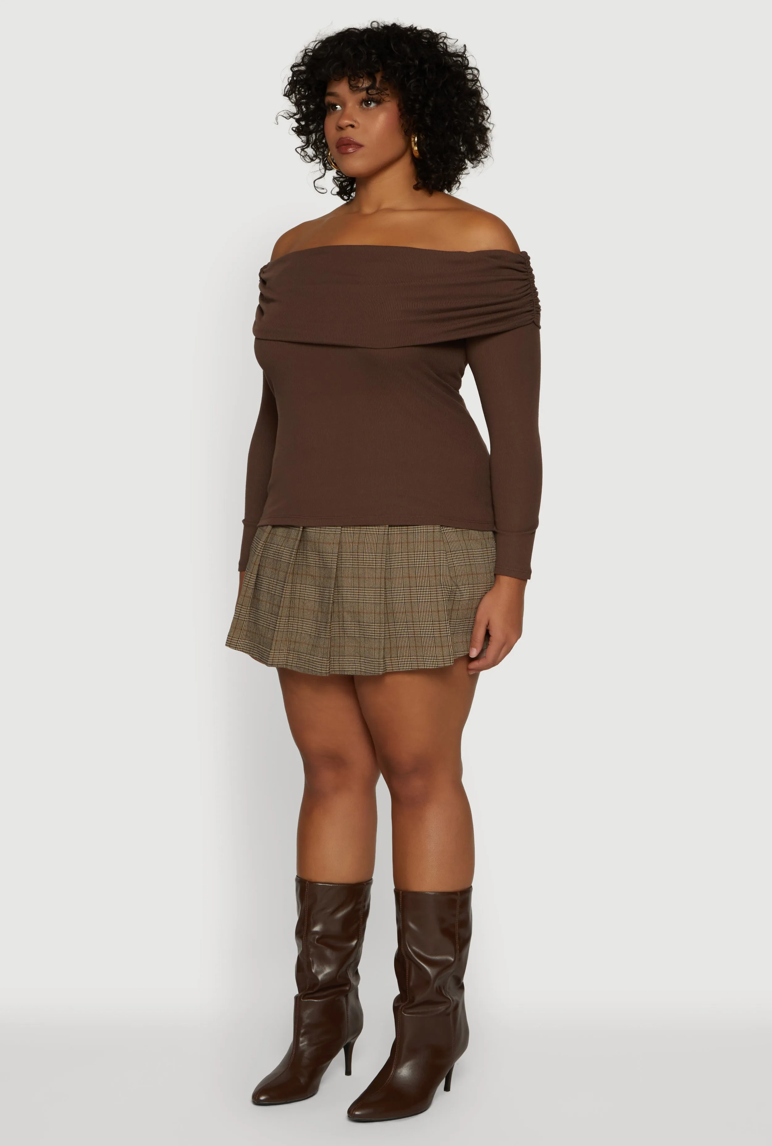 Plus Size Ruched Fold Over Off The Shoulder Long Sleeve Top sold by Rainbow product image thumbnail 5