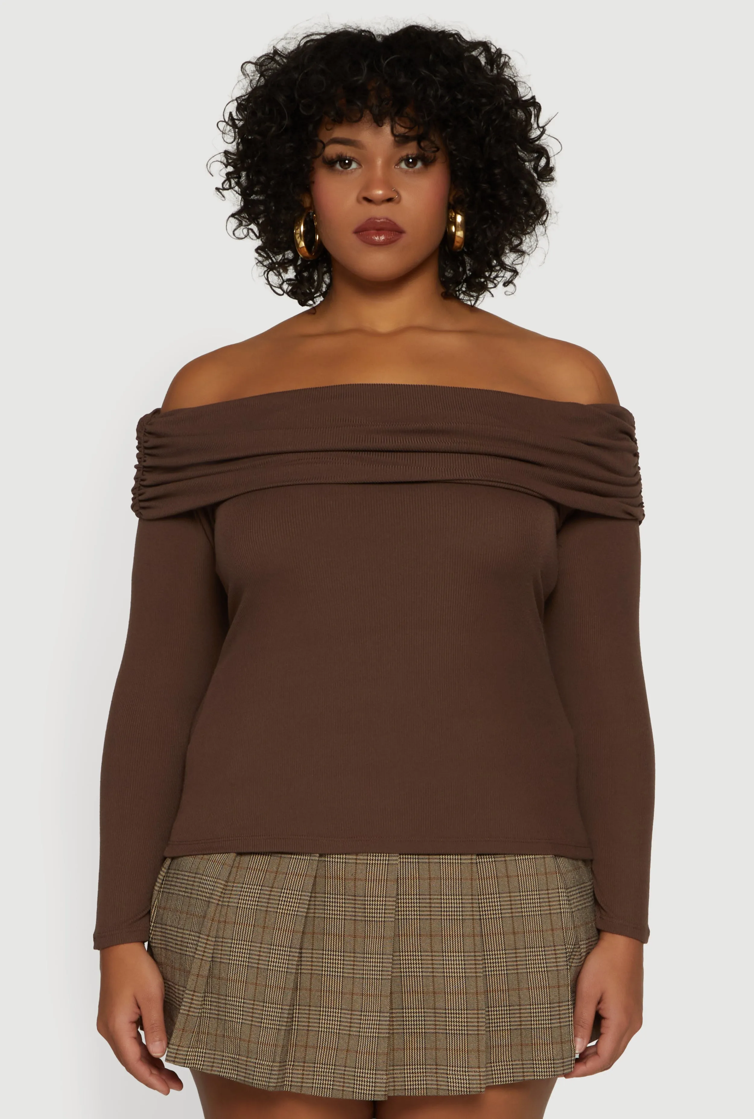 Plus Size Ruched Fold Over Off The Shoulder Long Sleeve Top sold by Rainbow product image thumbnail 2