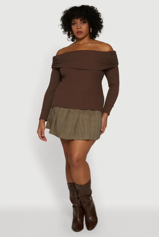Plus Size Ruched Fold Over Off The Shoulder Long Sleeve Top sold by Rainbow