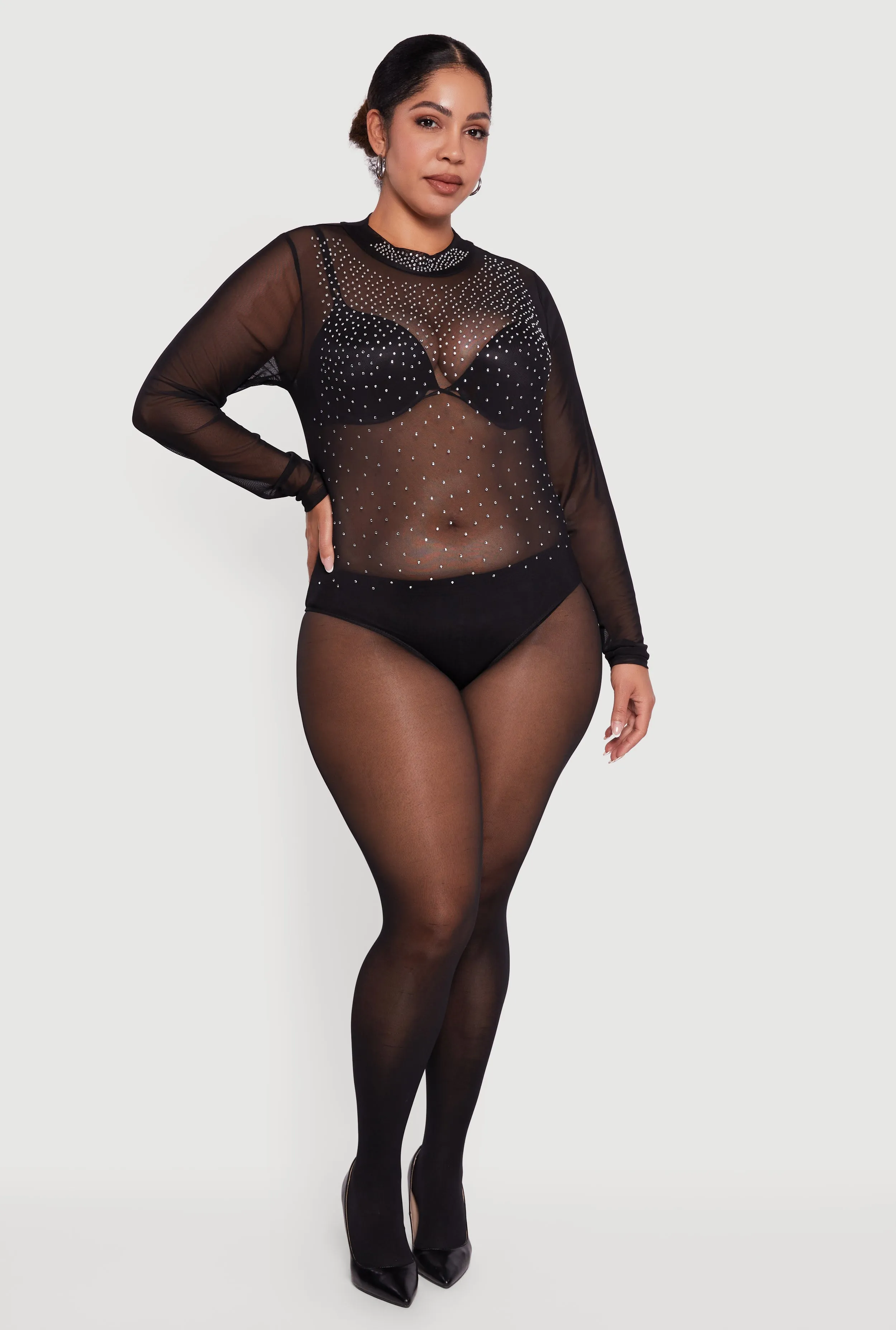Plus Size Rhinestone Graphic Long Sleeve Mesh Bodysuit sold by Rainbow