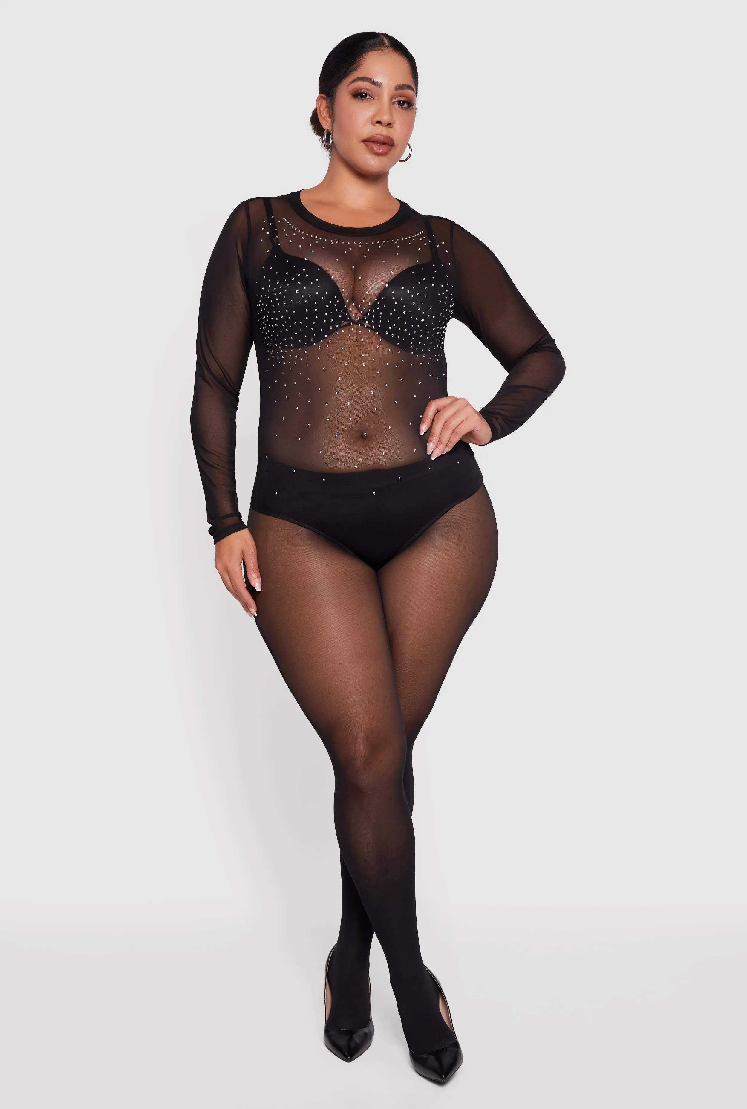 Plus Size Rhinestone Detail Scoop Neck Mesh Bodysuit sold by Rainbow