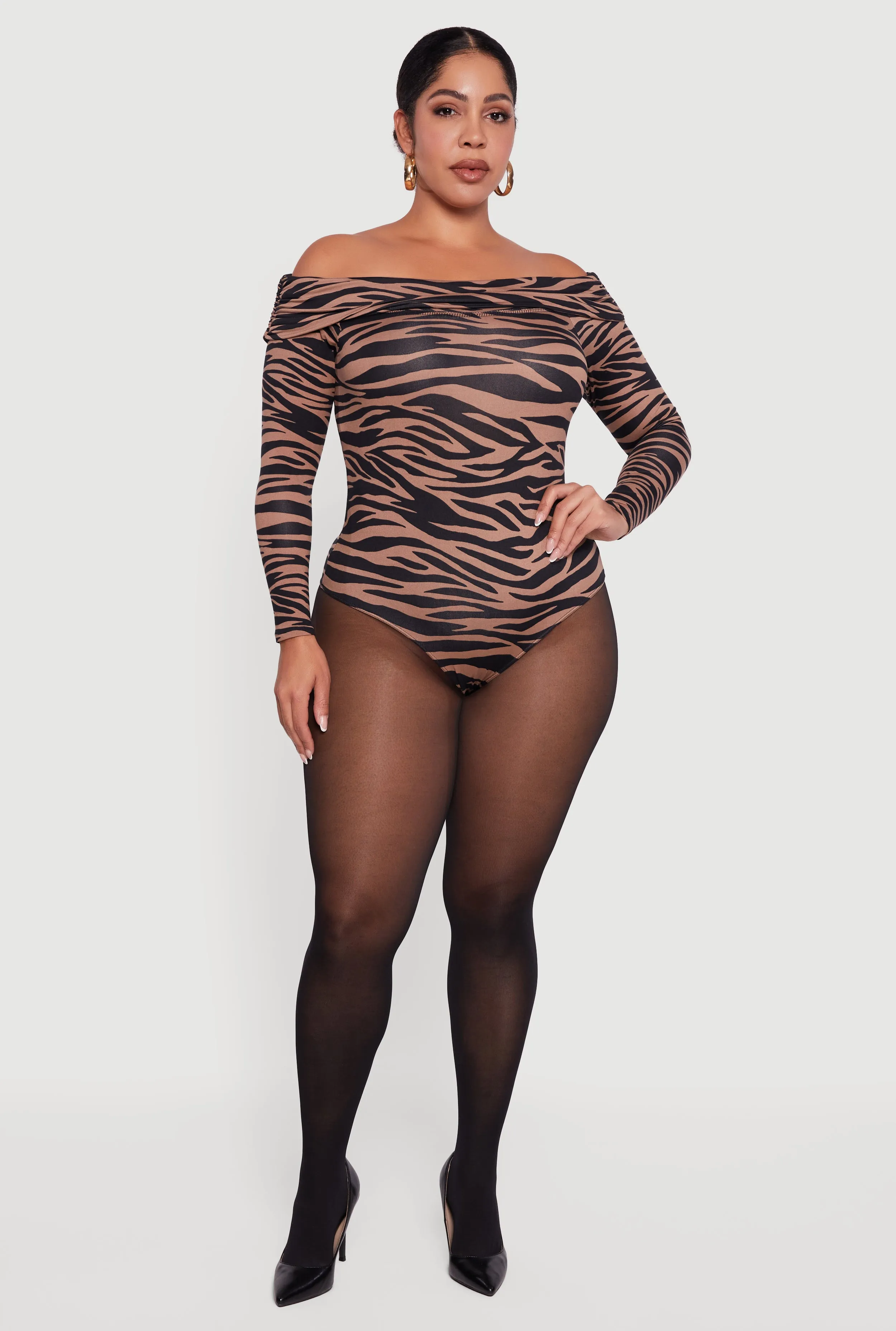 Plus Size Ruched Fold Over Off Shoulder Animal Print Bodysuit sold by Rainbow