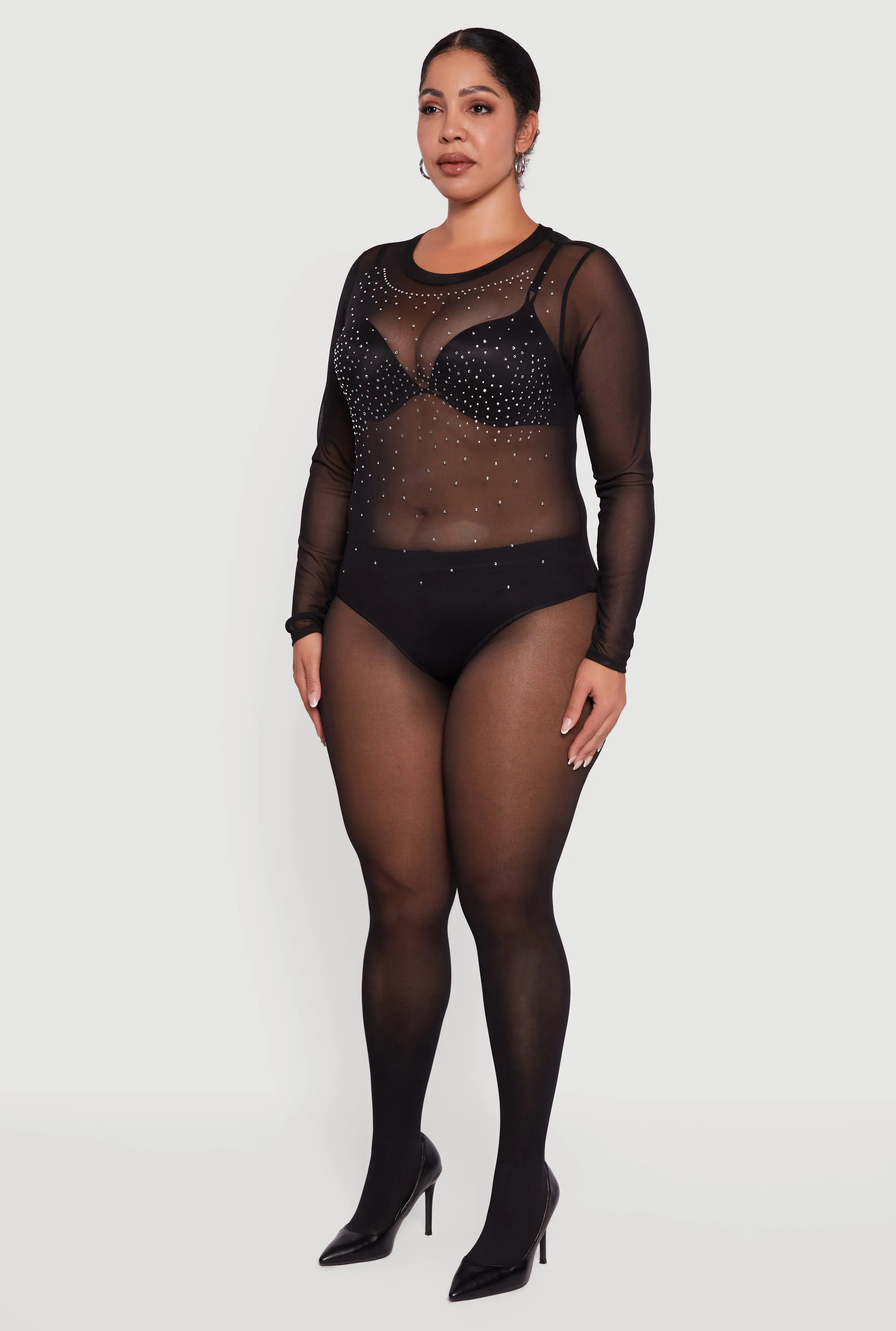 Plus Size Rhinestone Detail Scoop Neck Mesh Bodysuit sold by Rainbow product image thumbnail 5