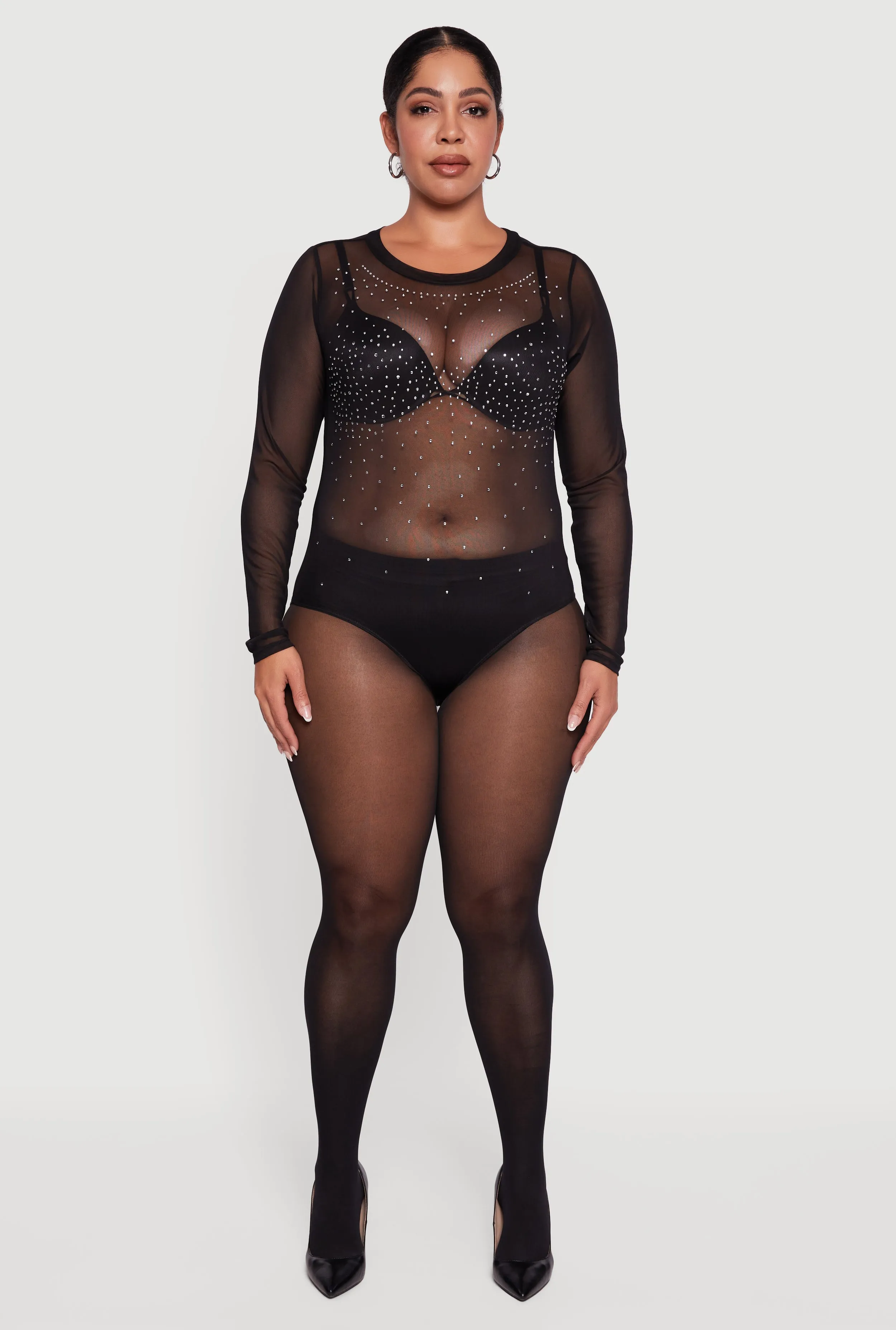 Plus Size Rhinestone Detail Scoop Neck Mesh Bodysuit sold by Rainbow product image thumbnail 3