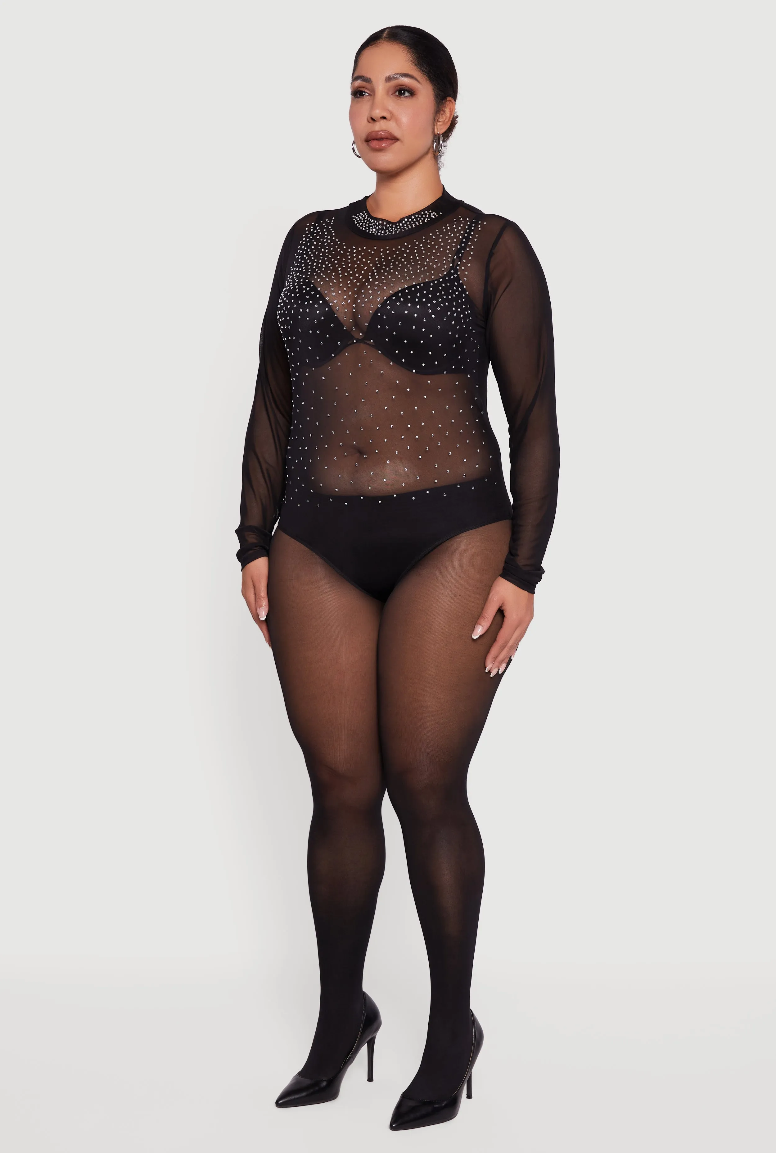 Plus Size Rhinestone Graphic Long Sleeve Mesh Bodysuit sold by Rainbow product image thumbnail 5