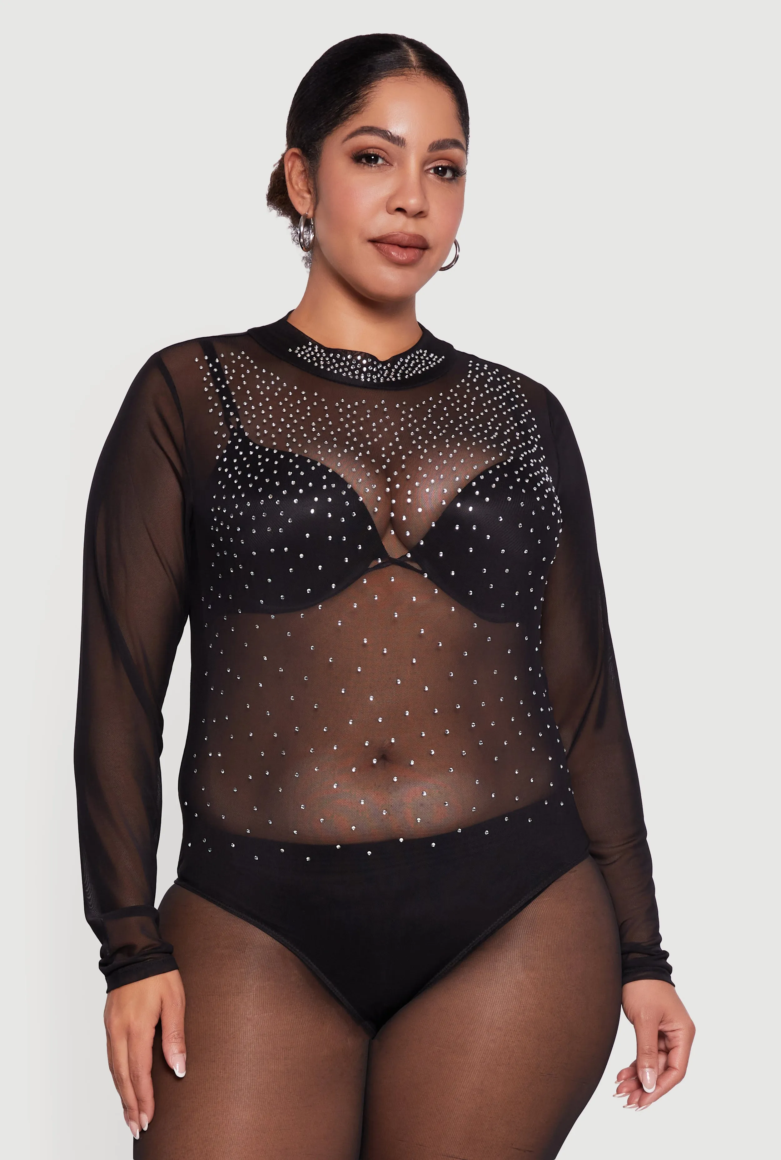 Plus Size Rhinestone Graphic Long Sleeve Mesh Bodysuit sold by Rainbow product image thumbnail 2