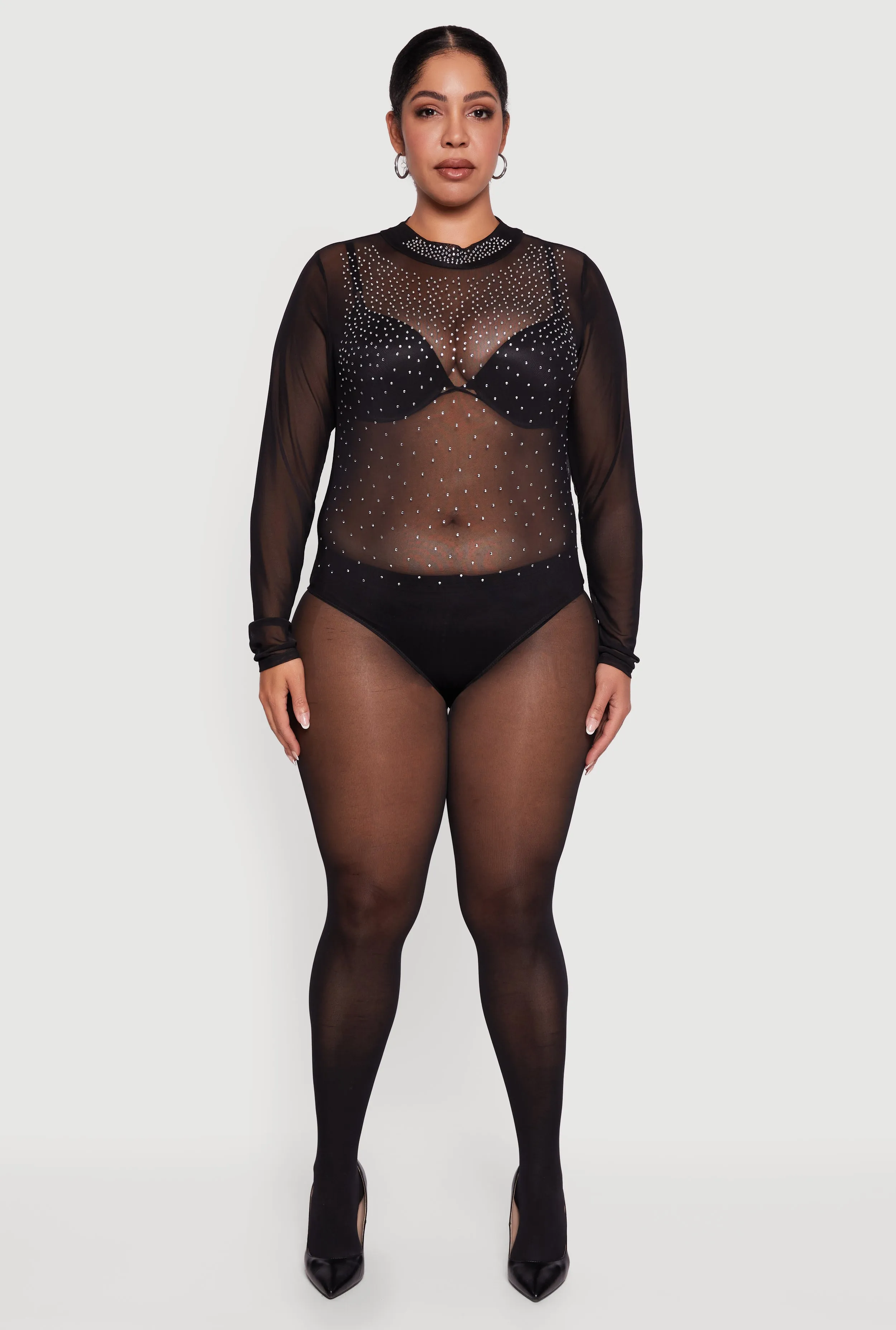 Plus Size Rhinestone Graphic Long Sleeve Mesh Bodysuit sold by Rainbow product image thumbnail 3