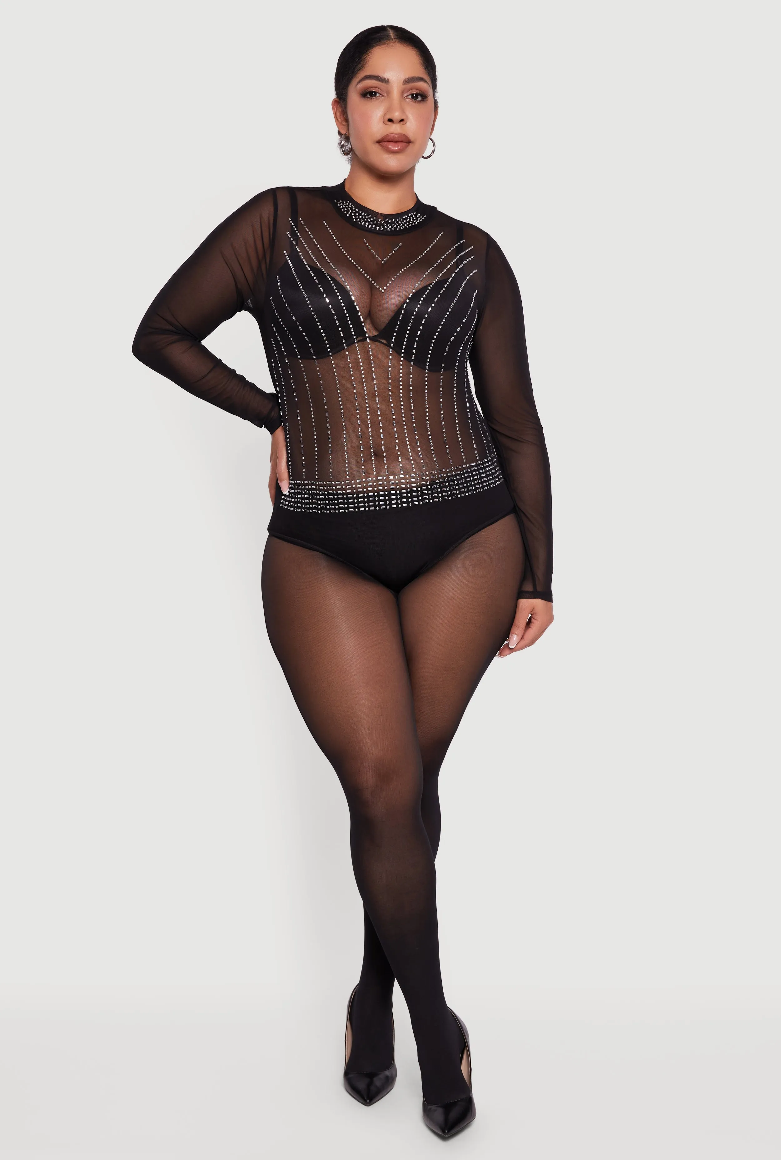 Plus Size Rhinestone Detail Long Sleeve Bodysuit sold by Rainbow