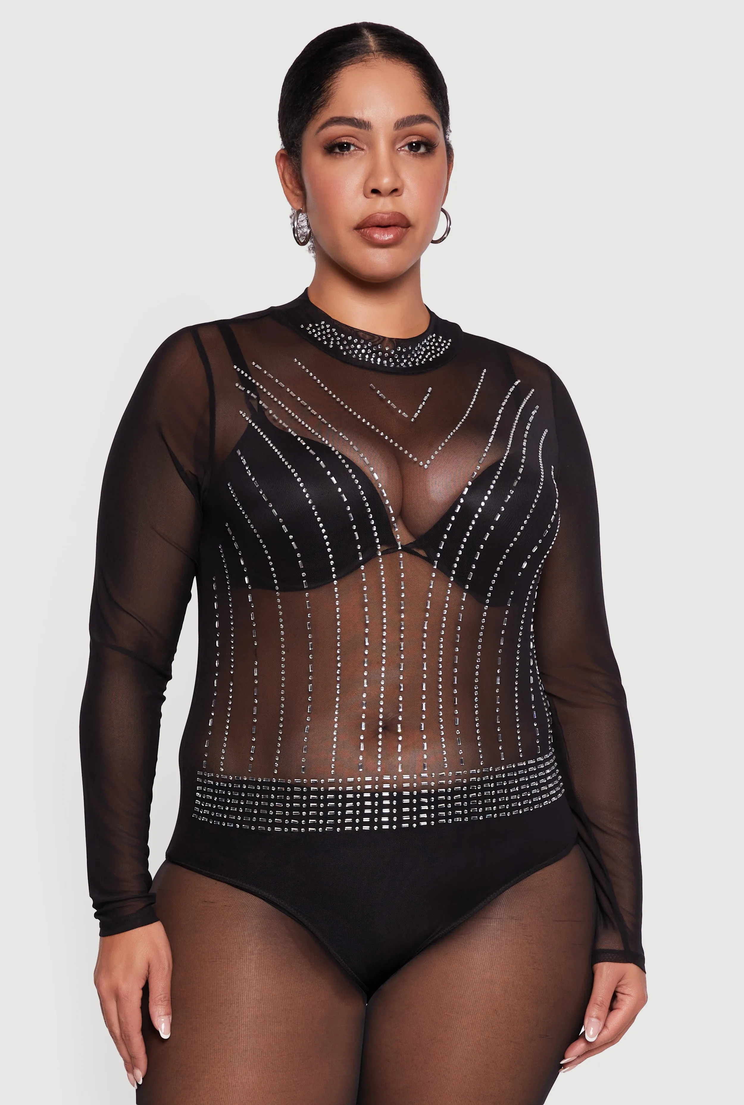 Plus Size Rhinestone Detail Long Sleeve Bodysuit sold by Rainbow product image thumbnail 2