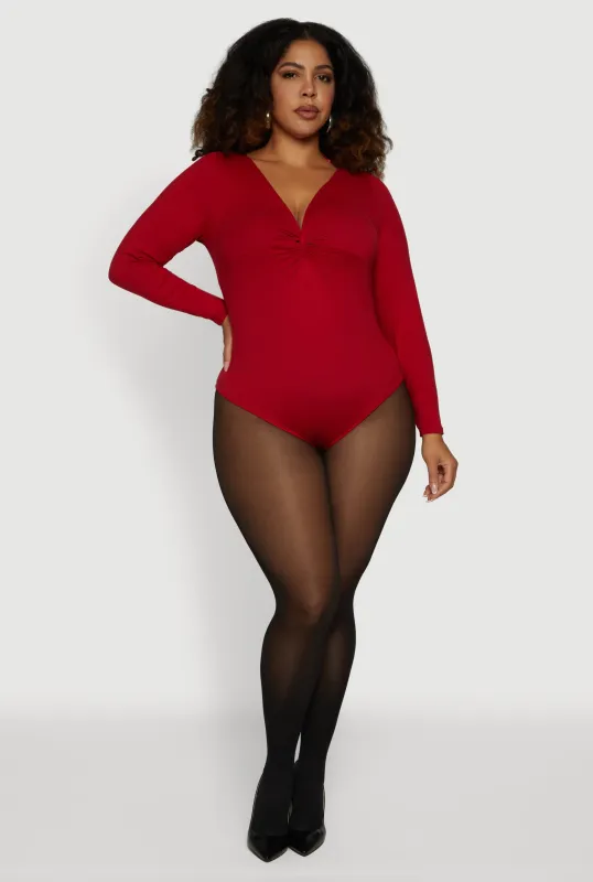 Plus Size Twist Front Plunge Neck Long Sleeve Bodysuit made by Rainbow