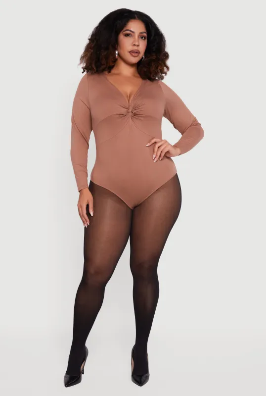 Plus Size Twist Front Plunge Neck Long Sleeve Bodysuit made by Rainbow