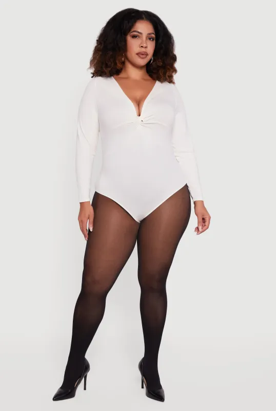 Plus Size Twist Front Plunge Neck Long Sleeve Bodysuit made by Rainbow
