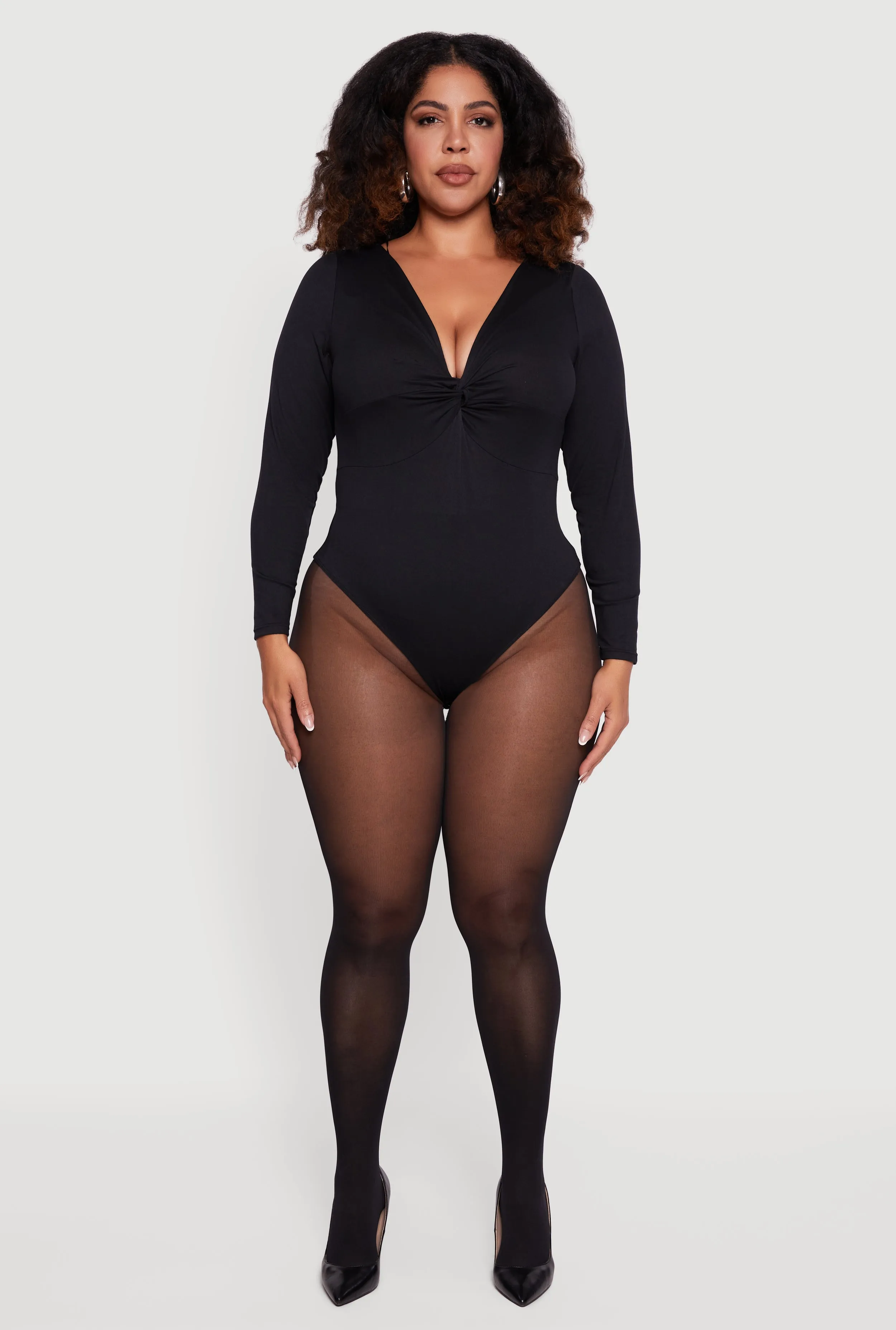 Plus Size Twist Front Plunge Neck Long Sleeve Bodysuit sold by Rainbow
