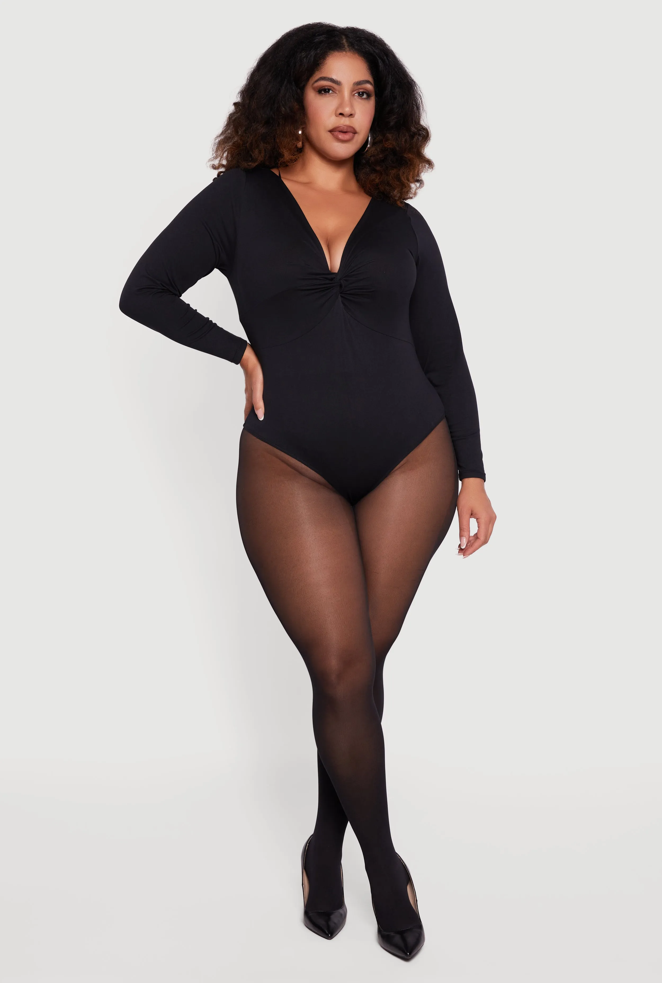 Plus Size Twist Front Plunge Neck Long Sleeve Bodysuit sold by Rainbow product image thumbnail 3