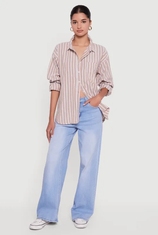 Striped Poplin Button Front Long Sleeve Shirt sold by Rainbow